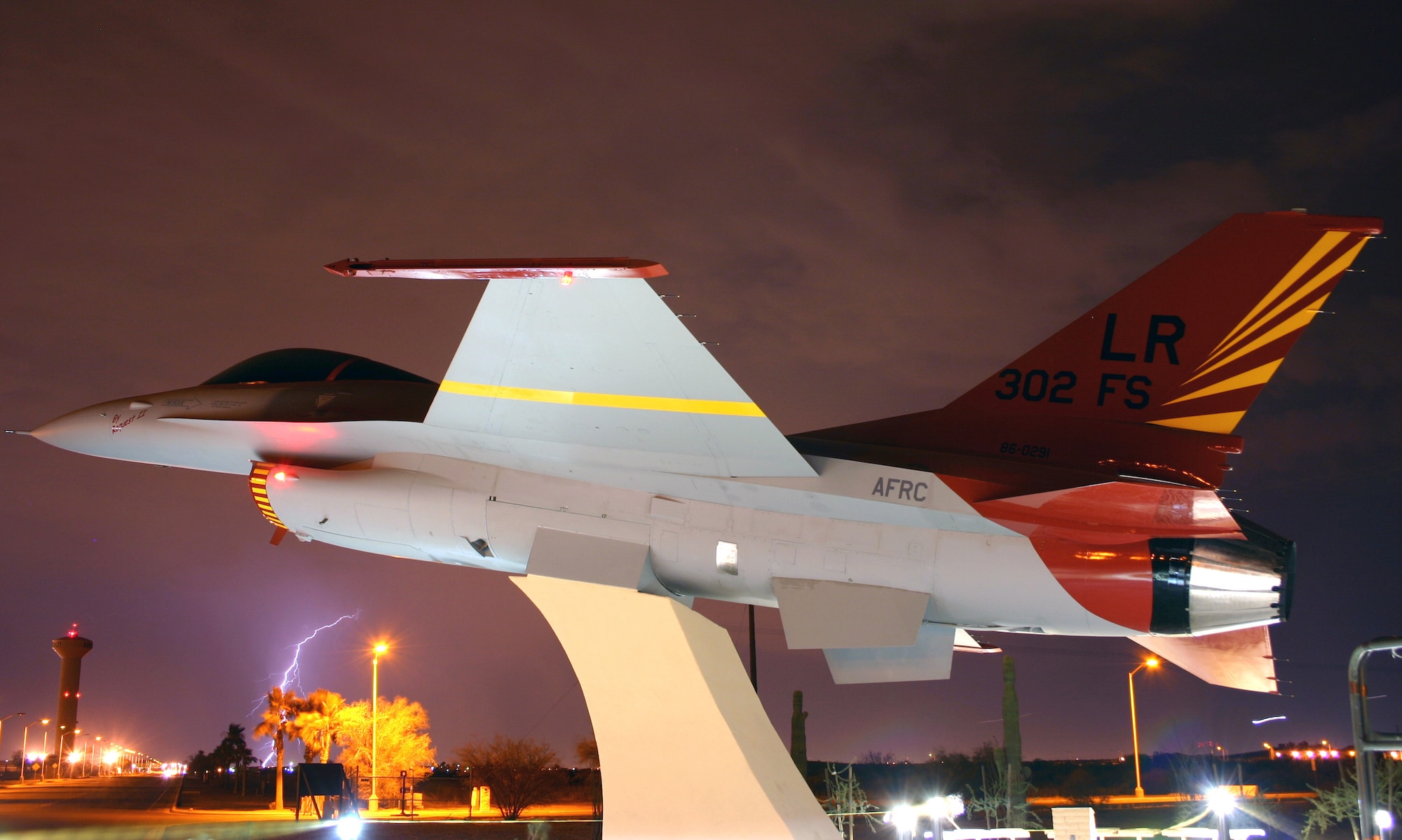 Aircraft 86-0291 sits in the Tuskegee Airmen Memorial Airpark in front of the 944th Fighter Wing at Luke Air Force Base, Ariz. The airpark was dedicated Aug. 2 during a ceremony in which more than 50 original Tuskegee Airmen attended. (U.S. Air Force photo/Tech. Sgt. Bradley Smith)
