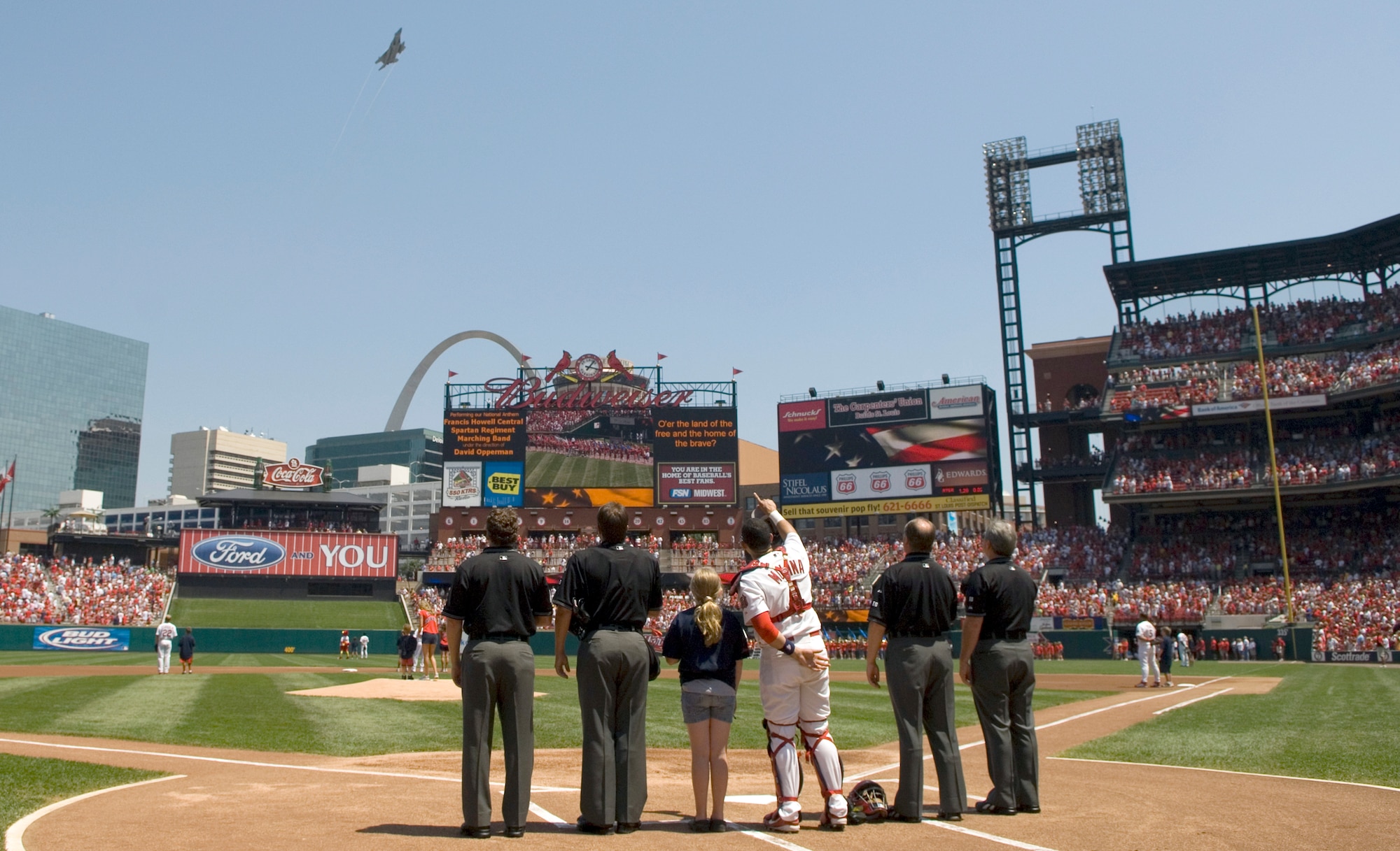 An F-15 Eagle from the 131st Fighter Wing based at St. Louis International Airport flies over opening ceremonies of the St. Louis Cardinals game at Busch Stadium on Aug. 6. The flyover was part of a ceremony kicking off Air Force Week in St Louis. The Cardinals beat the Milwaukee Brewers 7-1. (U.S. Air Force photo/Master Sgt. Jack Braden)
