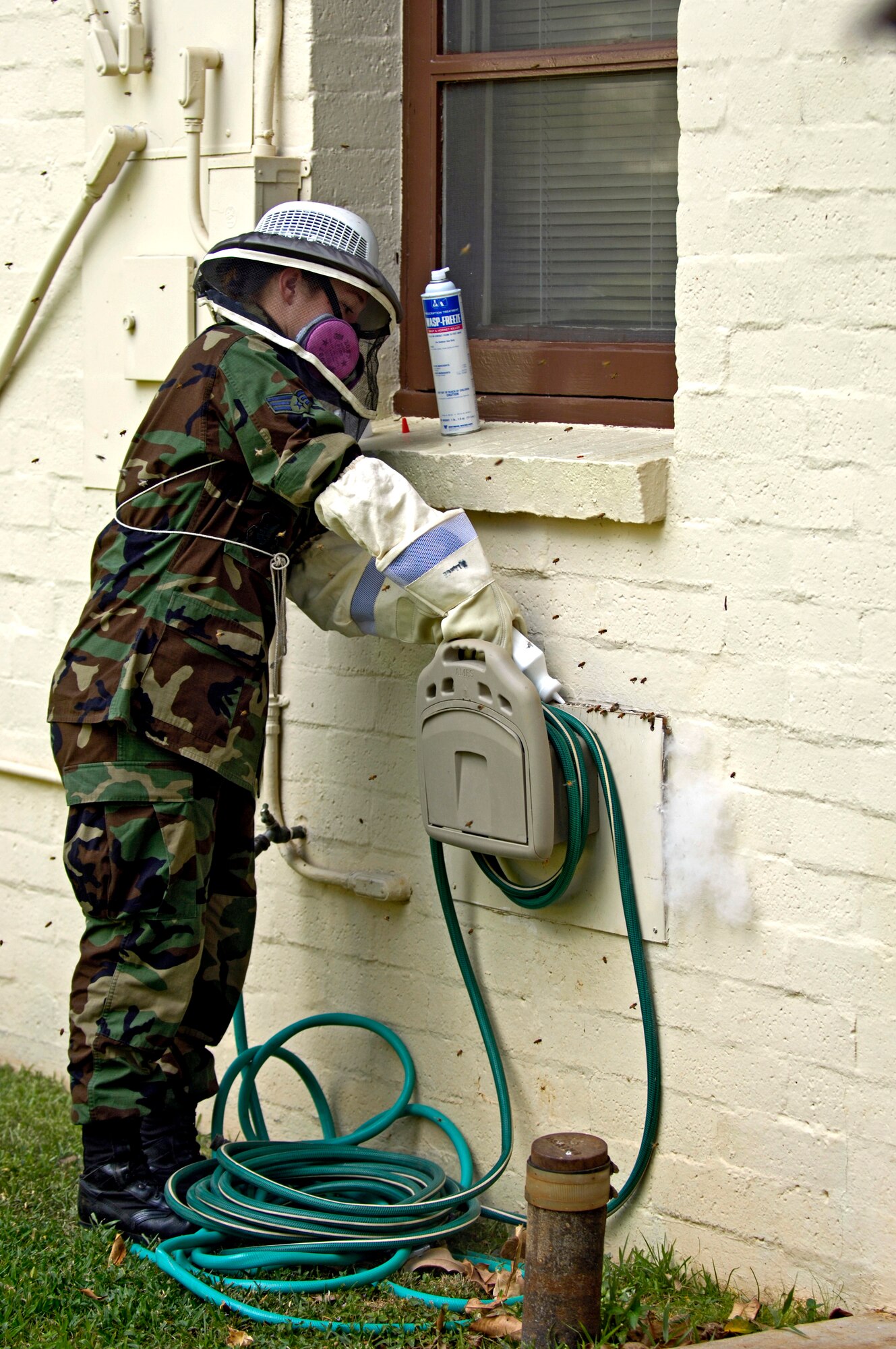 Senior Airman Elizabeth Eggert dusts a bee's nest in a housing area at Hickam Air Force Base, Hawaii, on Aug. 4. Airman Eggert is with the 15th Civil Engineer Squadron pest control section. (U.S. Air Force photo/Tech. Sgt. Shane A. Cuomo) 
