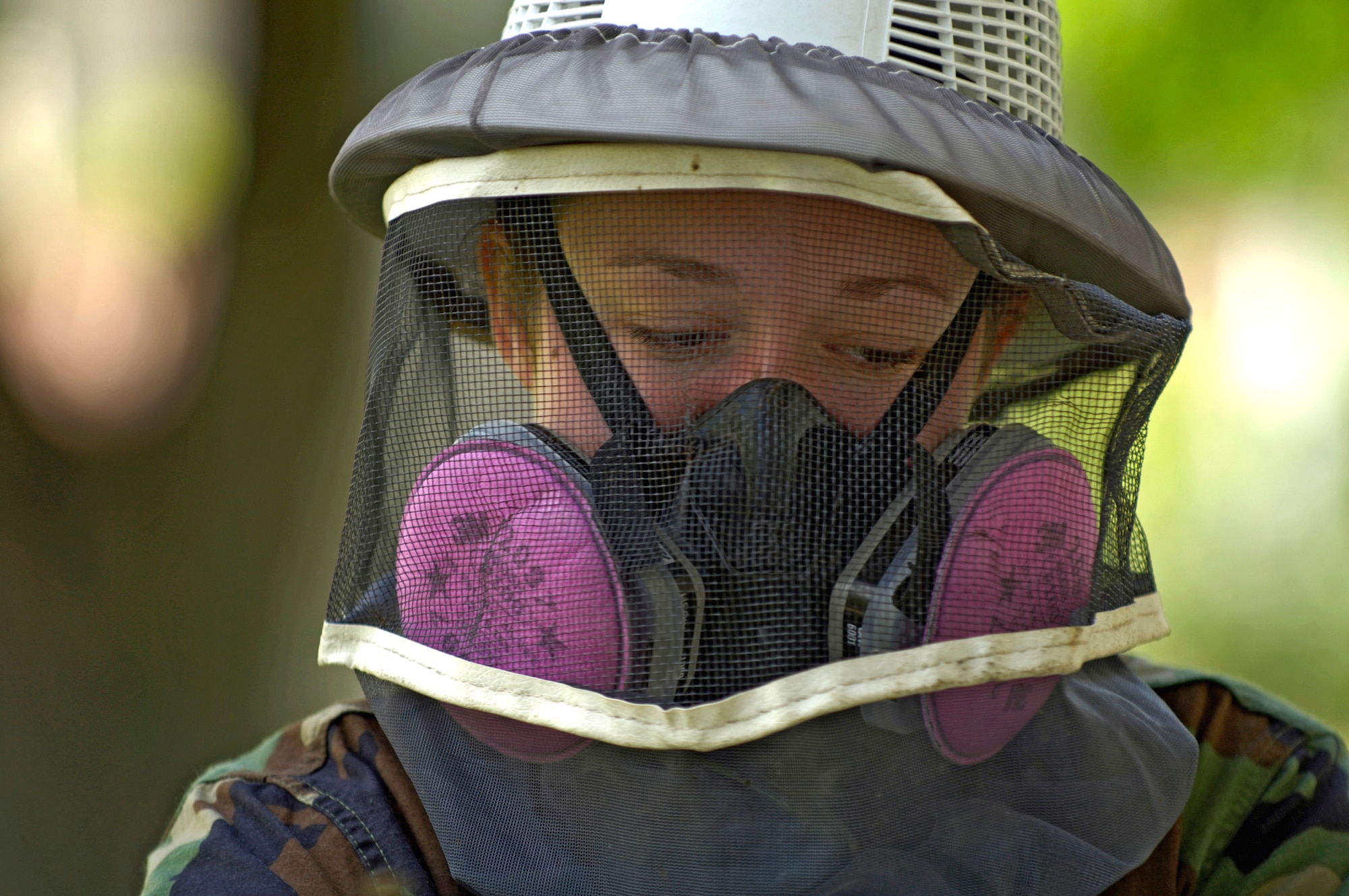 Senior Airman Elizabeth Eggert looks at a nest of bees that took up residence in a housing area at Hickam Air Force Base, Hawaii, on Aug. 4. Airman Eggert is with the 15th Civil Engineer Squadron pest control section. (U.S. Air Force photo/Tech. Sgt. Shane A. Cuomo) 
