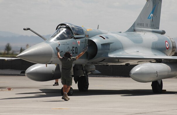 A French air force Mirage jet readies for takeoff during Red Flag exercises at Nellis Air Force Base, Nev., Aug. 8. U.S. and allied air forces are sharpening their large-force combat skills over the Nevada Test and Training Range Complex, Red Flag runs through Sept. 2. (U. S. Air Force photo/Technical Sgt. Bob Sommer)