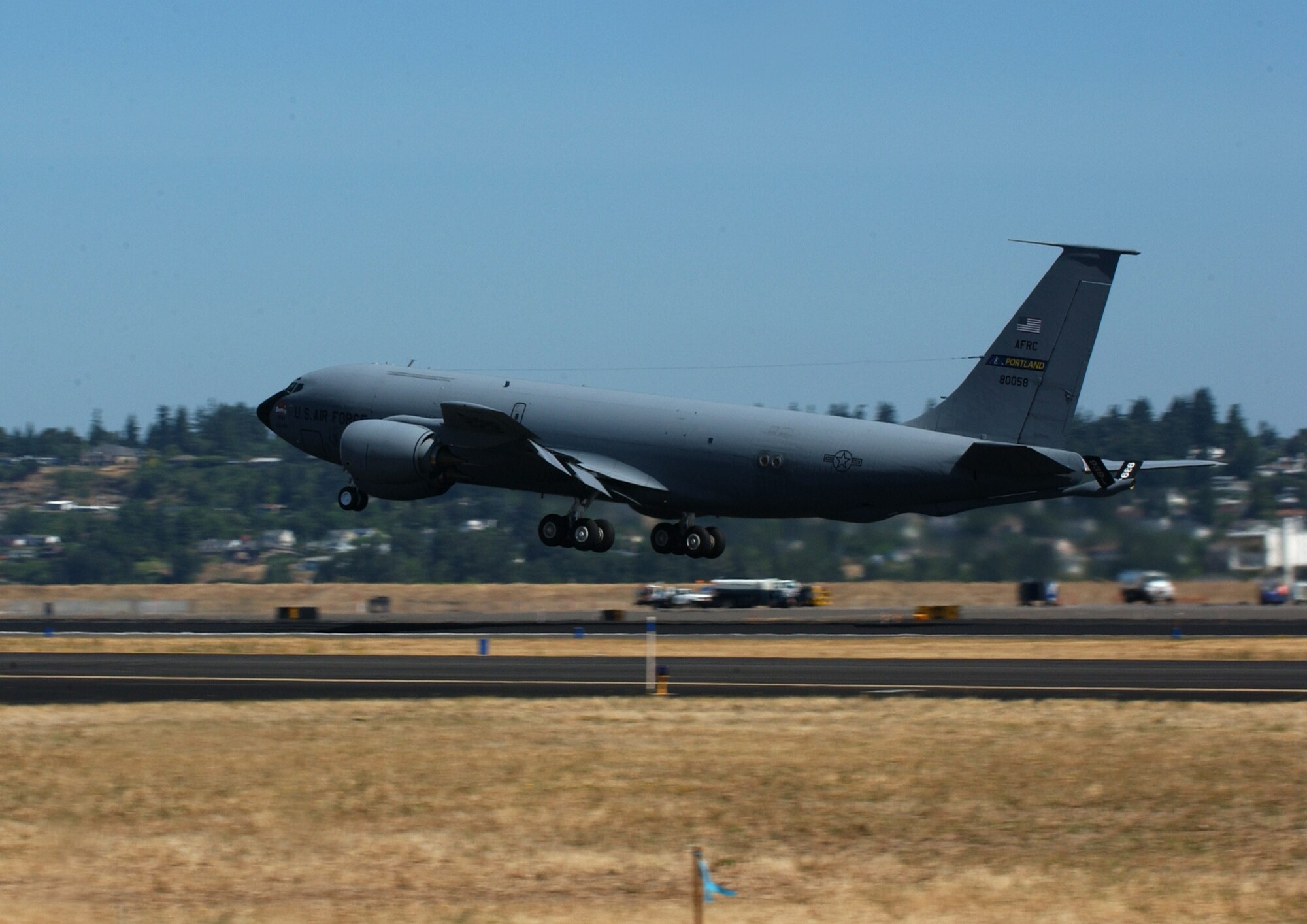 An Air force Reserve KC-135 takes off from Portland International Airport for the last time Aug. 5, 2006. The federal government decided in 2005 to realign the unit as part of a move that closed 22 major bases, reconfigured 33 others and affected hundreds of smaller installations in an effort to save an estimated $4.2 billion. (U.S. Air Force Photo by Staff Sgt. Jorge A. Rodriguez)