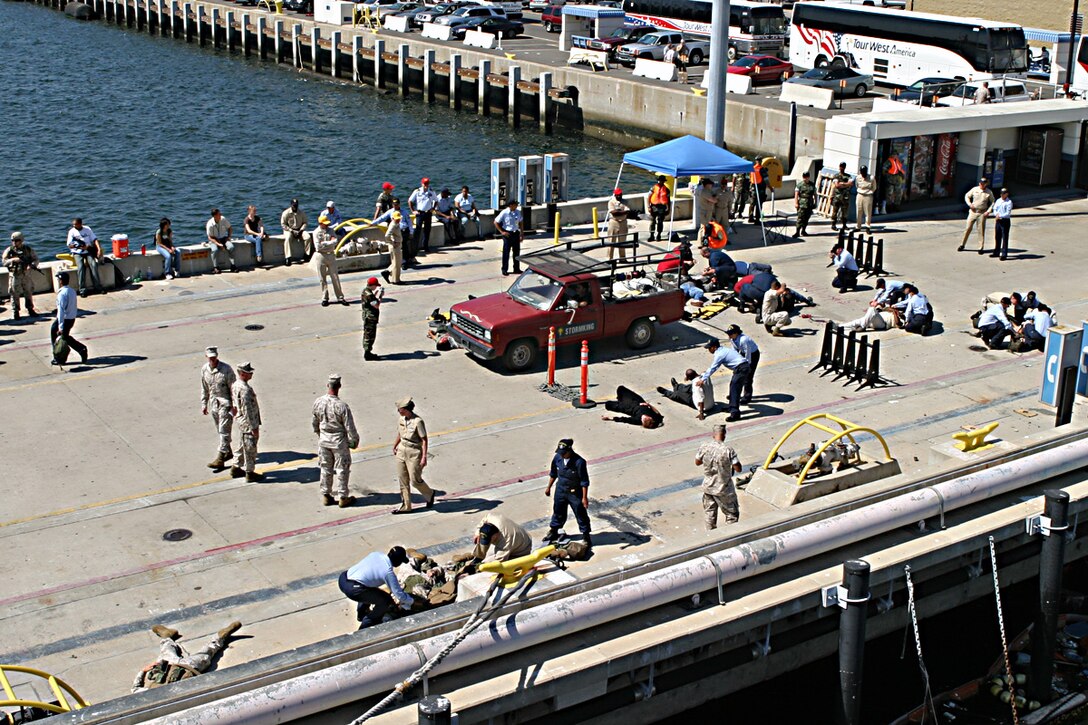 NAVAL BASE SAN DIEGO (Aug. 9, 2006) -- Marines and sailors with the 15th Marine Expeditionary Unit, and sailors with Expeditionary Strike Group 5 work together to assess Marine and civilian causalities during a Force Protection Exercise on Pier 8. The main purpose of this exercise was for the Expeditionary Strike Group 5 and the 15th MEU to practice different force protection levels, pier security, stability, and to work together to maximize their unit capabilities.  (Official USMC photo by Cpl Thomas J. Grove) (Released)