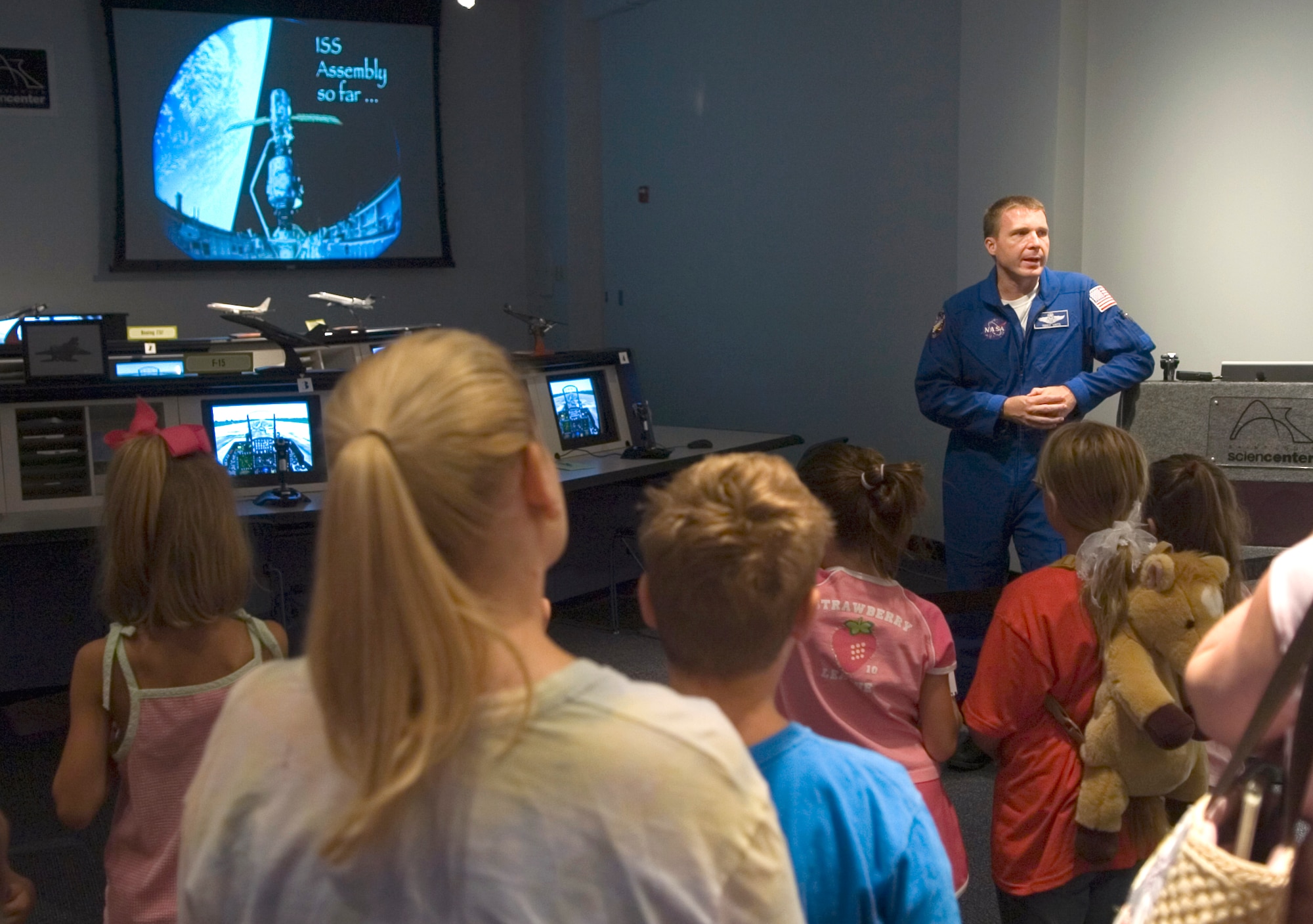 Lt. Col. Terry Virts Jr., a NASA astronaut, speaks to children about the Air Force and his career as an astronaut at the St. Louis Science Center Aug. 9. The event was one of several activities taking place in the greater St. Louis area celebrating Air Force Week. (U.S. Air Force photo/Master Sgt. Jack Braden) 

