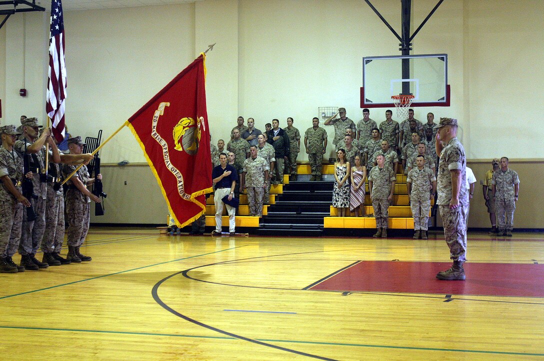 MARINE CORPS BASE CAMP LEJEUNE, N. C. ? (July 13, 2006)-- Lt. Col. Paul D. Montanus renders a salute to the colors of the newly activated 2nd Marine Special Operation Battalion, Marine Corps Forces Special Operations Command. 2nd MSOB's activation ceremony was held in conjunction with the deactivation ceremony of 2nd Force Reconnaissance Battalion. (Official U.S. Marine Corps Photo by Cpl. Ken Melton)