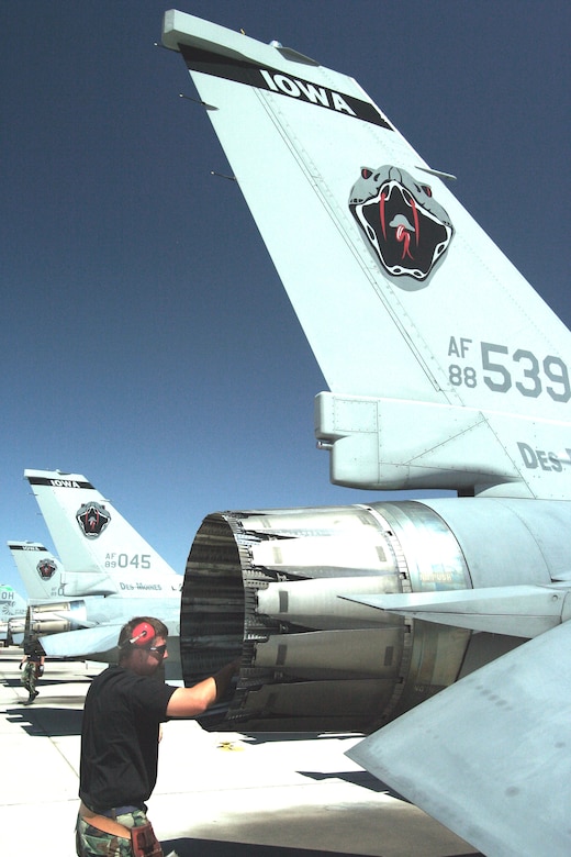 Tech. Sgt. Scott Flesher performs a preflight inspection of an F-16 Fighting Falcon that is being readied for a mission at Red Flag 06-02 at Nellis Air Force Base, Nev., on Aug. 8.  Sergeant Flesher is a maintainer with the Iowa Air National Guard's 132nd Fighter Wing in Des Moines.  (U.S. Air Force photo/Tech. Sgt. Patrick M. Kuminecz)