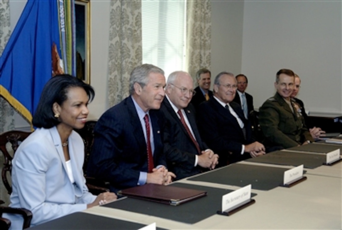 President George W. Bush met with Secretary of Defense Donald H. Rumsfeld and his staff at the Pentagon, Aug. 14, 2006.  From left to right: Secretary of State Condoleeza Rice, President Bush, Vice President Dick Cheney, Secretary Rumsfeld, and Chairman of the Joint Chiefs of Staff Marine Gen. Peter Pace.