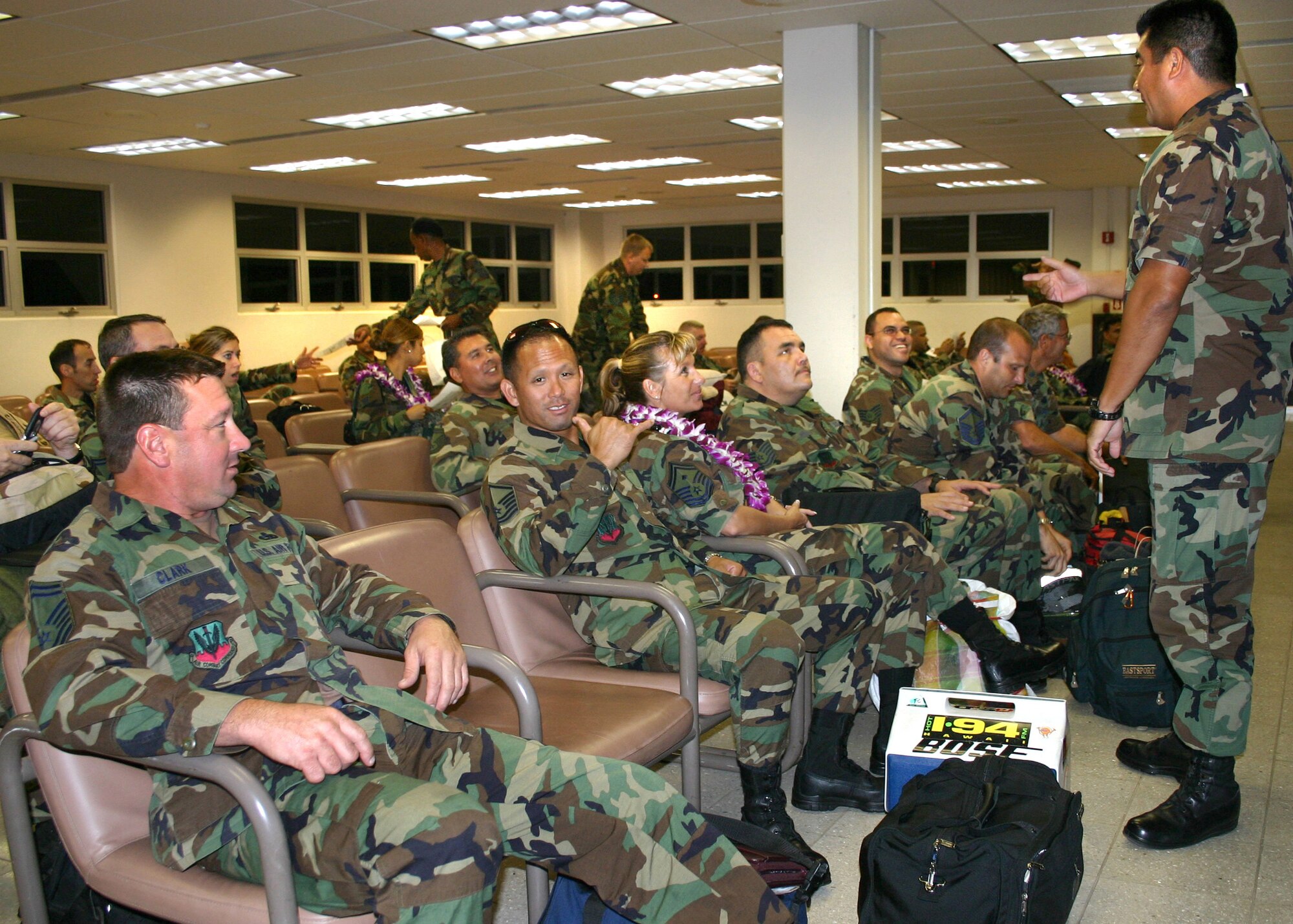 First Lt. Dan Moreno, executive officer of the 93rd Fighter Squadron briefs troops upon arrival at Hickam Air Force Base, Hawaii on Sunday, Aug. 13 for  exercise Cactus Aloha. (US Air Force photo by Master Sgt. Ray Sarracino)
