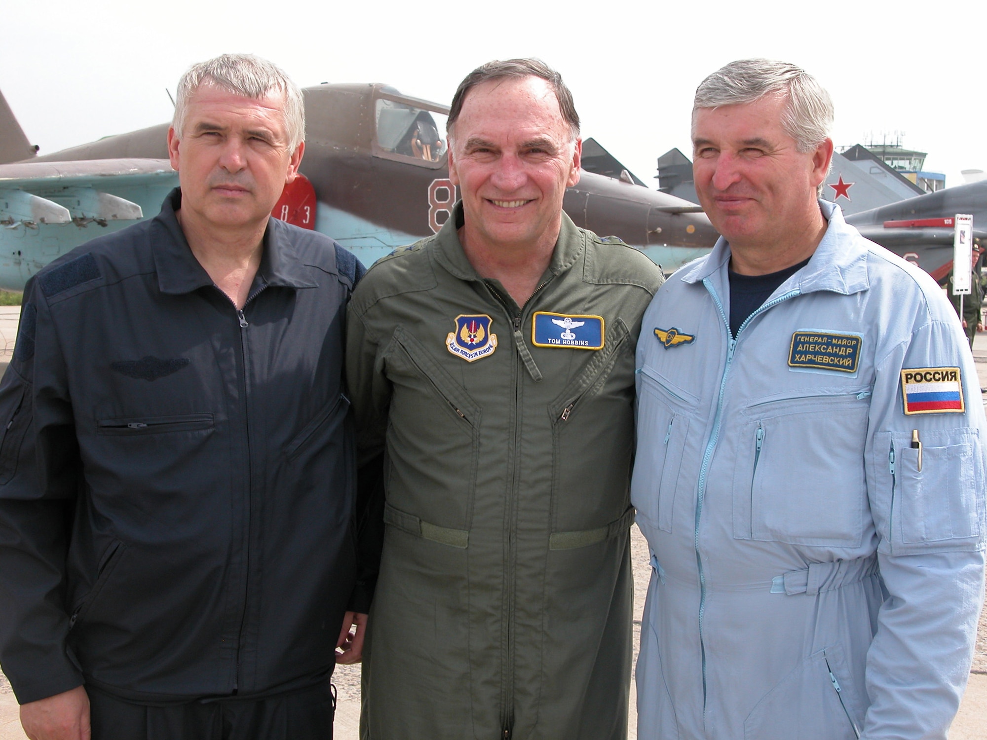 Gen. Tom Hobbins (center), U.S. Air Forces in Europe commander, prepares for his flights with Gen. Col. Aleksandr Zelin (left), deputy commander in chief of the Russian Federation Air Force, and Gen. Maj. Aleksandr Kharchevskiy, chief of the 4th Center for Combat Use and Flight Training, on Aug. 15. General Hobbins, who is in Russia Aug. 14 to 17 to bolster relationships and security cooperation between U.S. and Russian air forces, flew in both the SU-27 Flanker and MiG-29 Fulcrum during his visit to Lipetsk Air Base. (U.S. Air Force photo/Capt. Russell Montante) 
