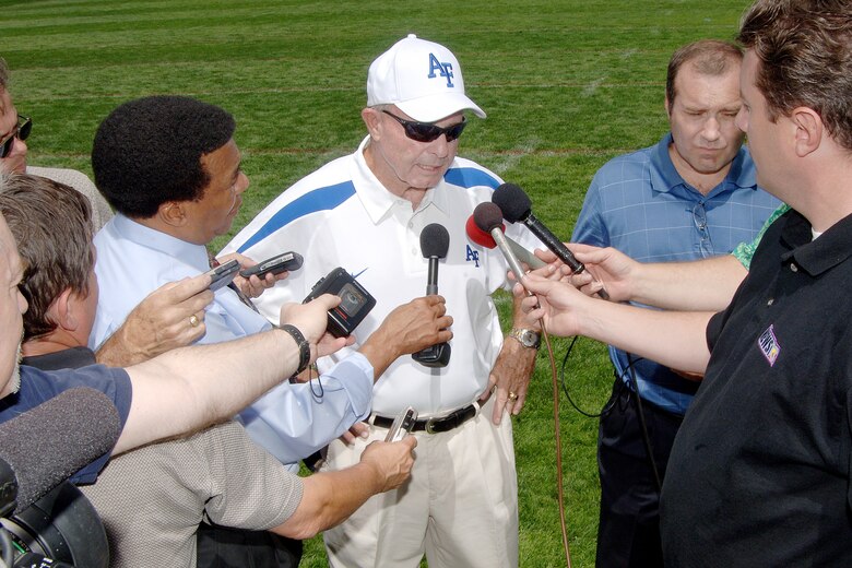 Air Force head football coach Fisher DeBerry addresses media day reporters at the U.S. Air Force Academy following his team's first practice of the year. Despite two straight losing seasons, DeBerry enters his 23rd campaign patrolling the Falcon sidelines as the all-time winningest coach in service academy history with a 165-101-1 overall record. (U.S. Air Force photo/Danny Meyer)