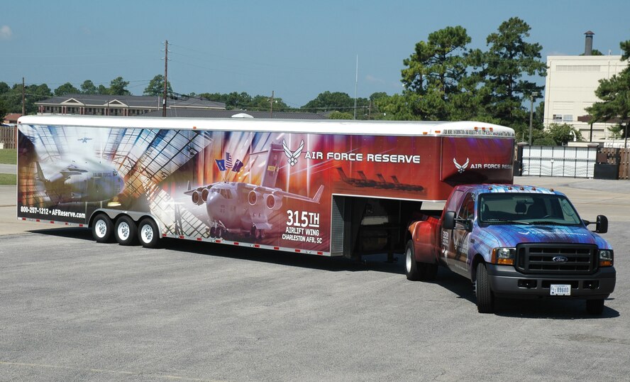 The trailer for Charleston AFB's miniature C-17 replica, the Spirit of Hope, Liberty and Freedom, after receiving new graphics.  The miniature C-17 will travel around the country and be used as a community outreach and recruiting tool.  (Photo by Capt. Wayne Capps)