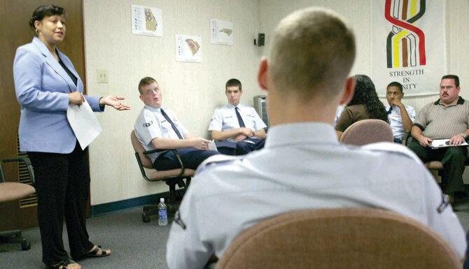 Cynthia Evans, Sexual Assault Prevention and Response program manager, speaks with first-term Airman about sexual assault Tuesday at the Airman Family Readiness Center.  (U.S. Air Force photo/Senior Airman John Gordinier)