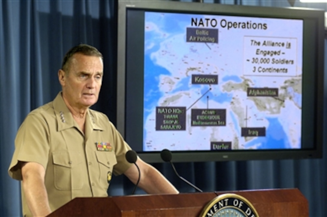 Supreme Allied Commander Europe and Commander of the U.S. European Command Gen. James L. Jones, U.S. Marine Corps, conducts a press briefing in the Pentagon on Aug. 17, 2006.  Jones discussed with reporters the many international commitments being handled by the forces under his command, the international troop deployments he oversees and some of the logistic and political issues he routinely must deal with in the conduct of his duties.  