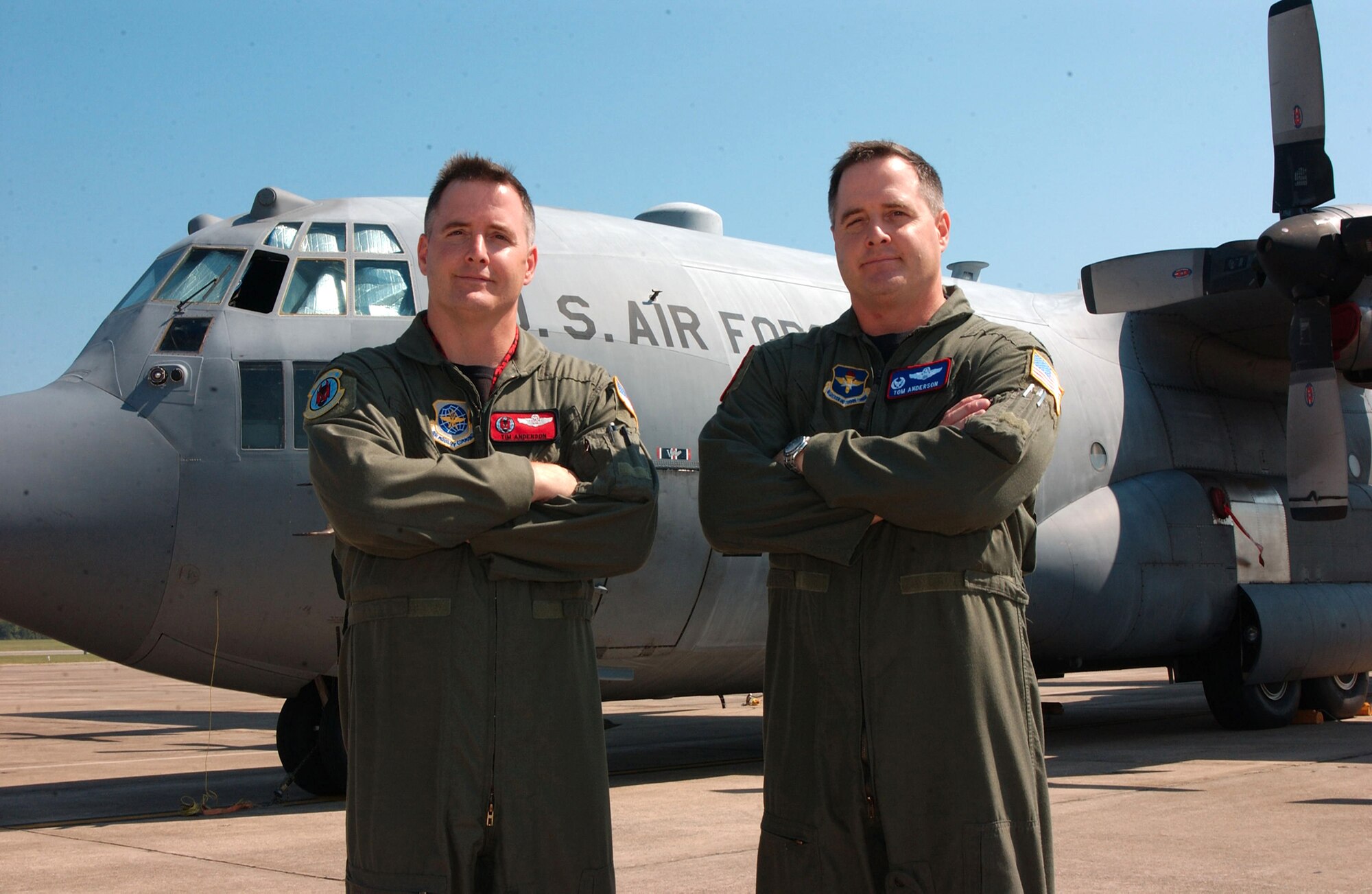 Lt. Col. Tim Anderson, left, 50th Airlift Squadron commander, and Lt. Col. Tom Anderson, 714th Training Squadron commander, are two of three active-duty Air Force brothers who are squadron commanders and lieutenant colonels at the same time. (U.S. Air Force photo by Senior Airman Eunique Stevens)