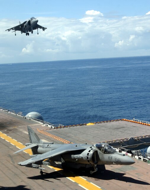 Harrier II attack jets from Marine Medium Helicopter Squadron-264 (Reinforced), 26th Marine Expeditionary Unit, practice take-offs from the flight deck of the USS Bataan (LHD 5) August 19, 2006.