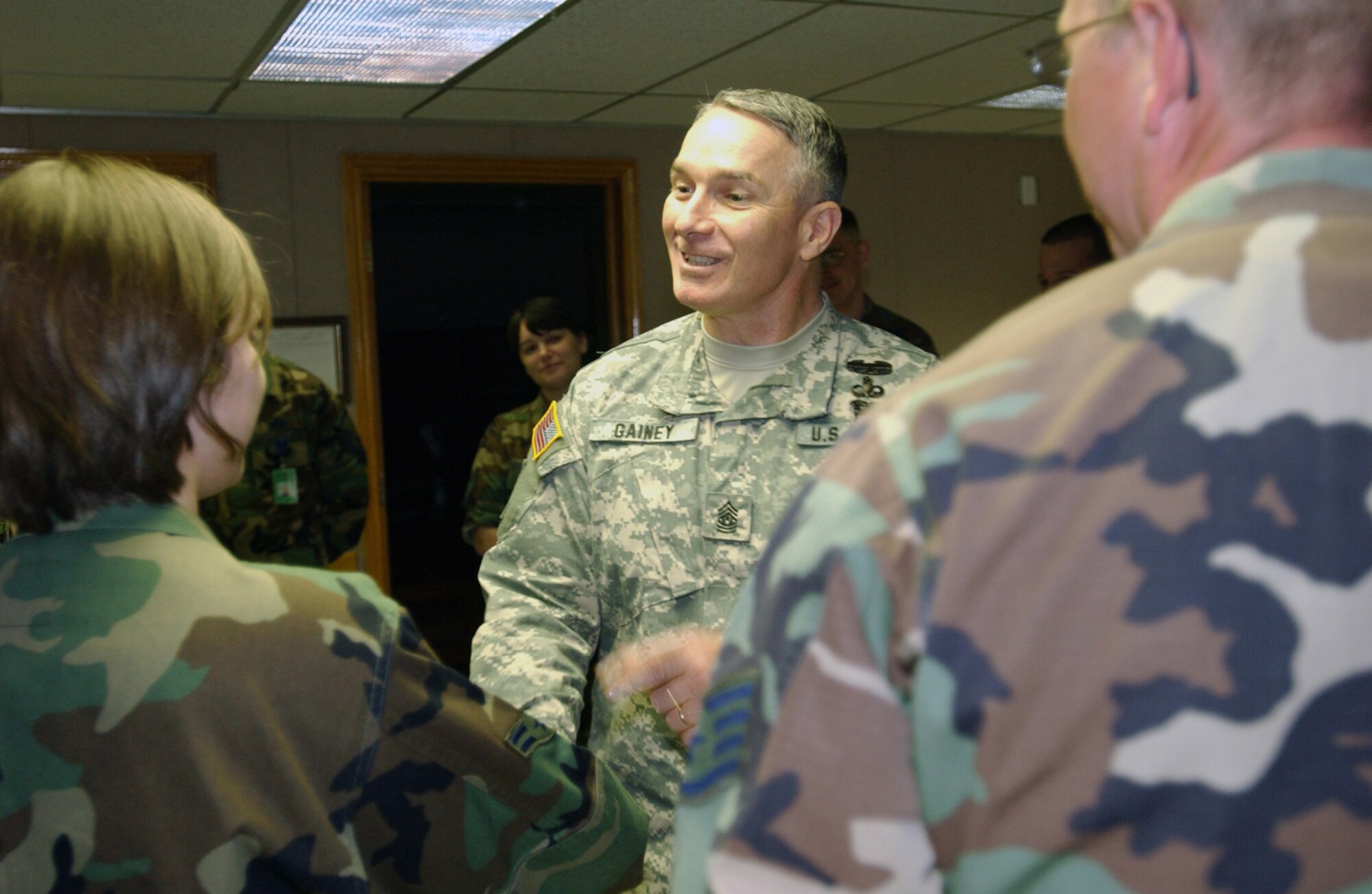 ELMENDORF AIR FORCE BASE, Alaska -- Command Sergeant Major William J. Gainey, Senior Enlisted Advisor to the Chairman, Joint Chiefs of Staff, speaks and greets with the members of the 381st Intelligence Squadron. 
The sergeant major was visiting servicemembers stationed in Alaska as part of his duties as the first SEAC.     
USAF photo by SSgt David Donovan                                                                                       