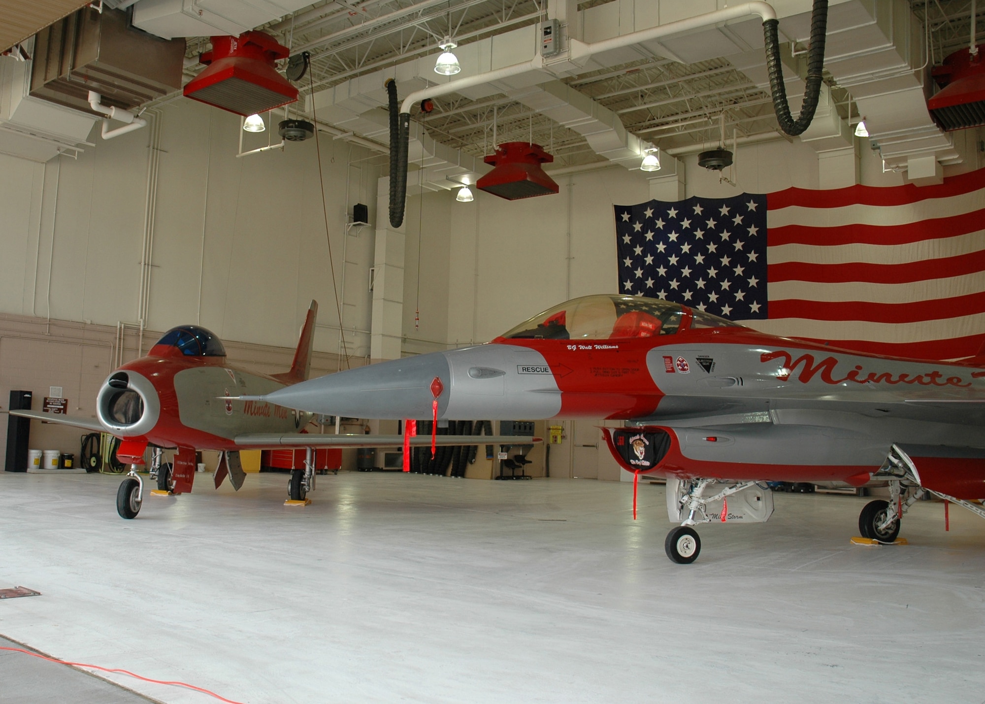 The 140th Wing unveiled an F-16 Tuesday that has been painted to resemble the markings of th F-86 originally flown by the Minute Men aerial demonstration team. (U.S. Air Force photo by Mrs. Barbara Atwell)