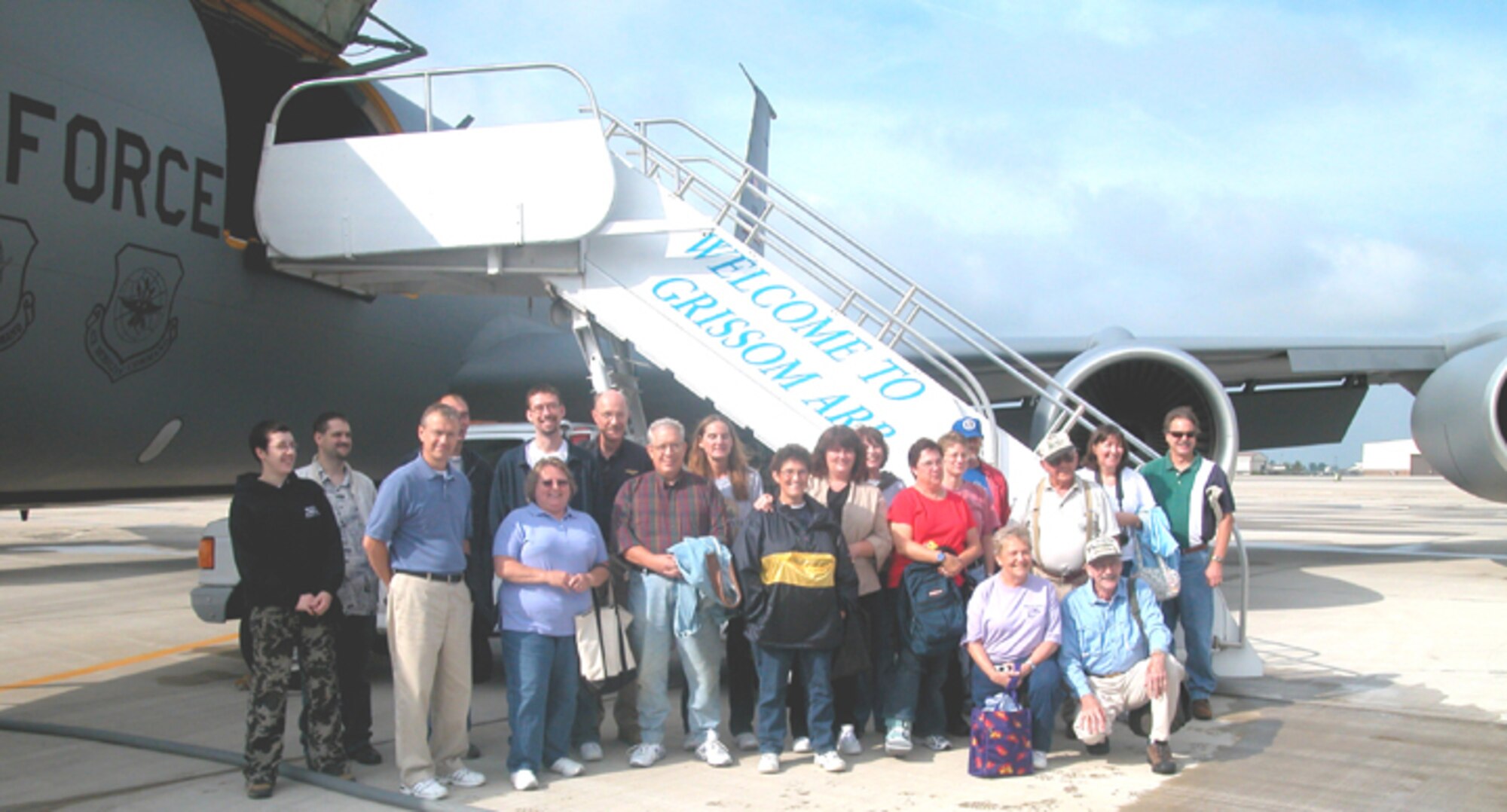 GRISSOM AIR RESERVE BASE, Ind -- A group of North Central Indiana medical professionals and civic leaders pose next to a KC-135R Stratotanker on Aug. 19. The group had an opportunity to learn more about the 434th Air Refueling Wing, the Air Force Reserve Command and Air Force when they participated in an orientation flight refueling a C-17 Globemaster. (U.S. Air Force photo/ SrA. Benjamin Mota)