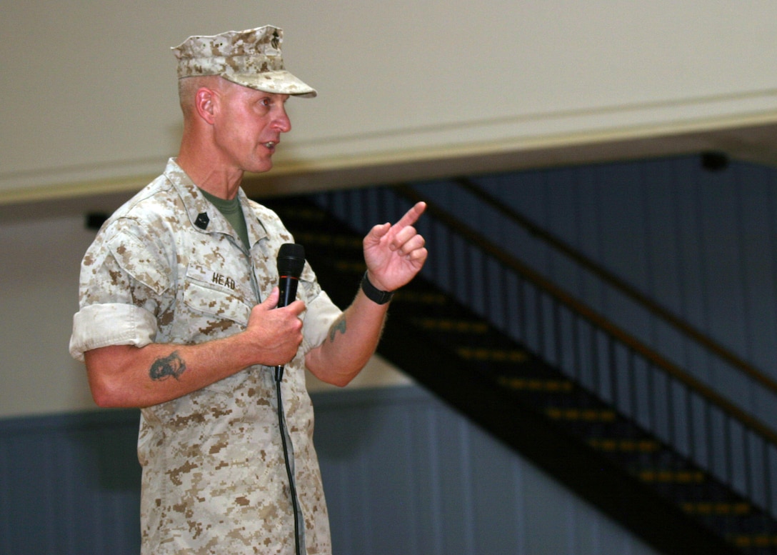 Sgt. Maj. Steven R. Head speaks at the conclusion of the 22d Marine Expeditionary Unit's (MEU) Post and Relief Ceremony in which Head relinquished his post as 22d MEU Command Sergeant Major to Sgt. Maj. Thomas F. Hall in Camp Lejeune, NC, Aug. 21, 2006.
