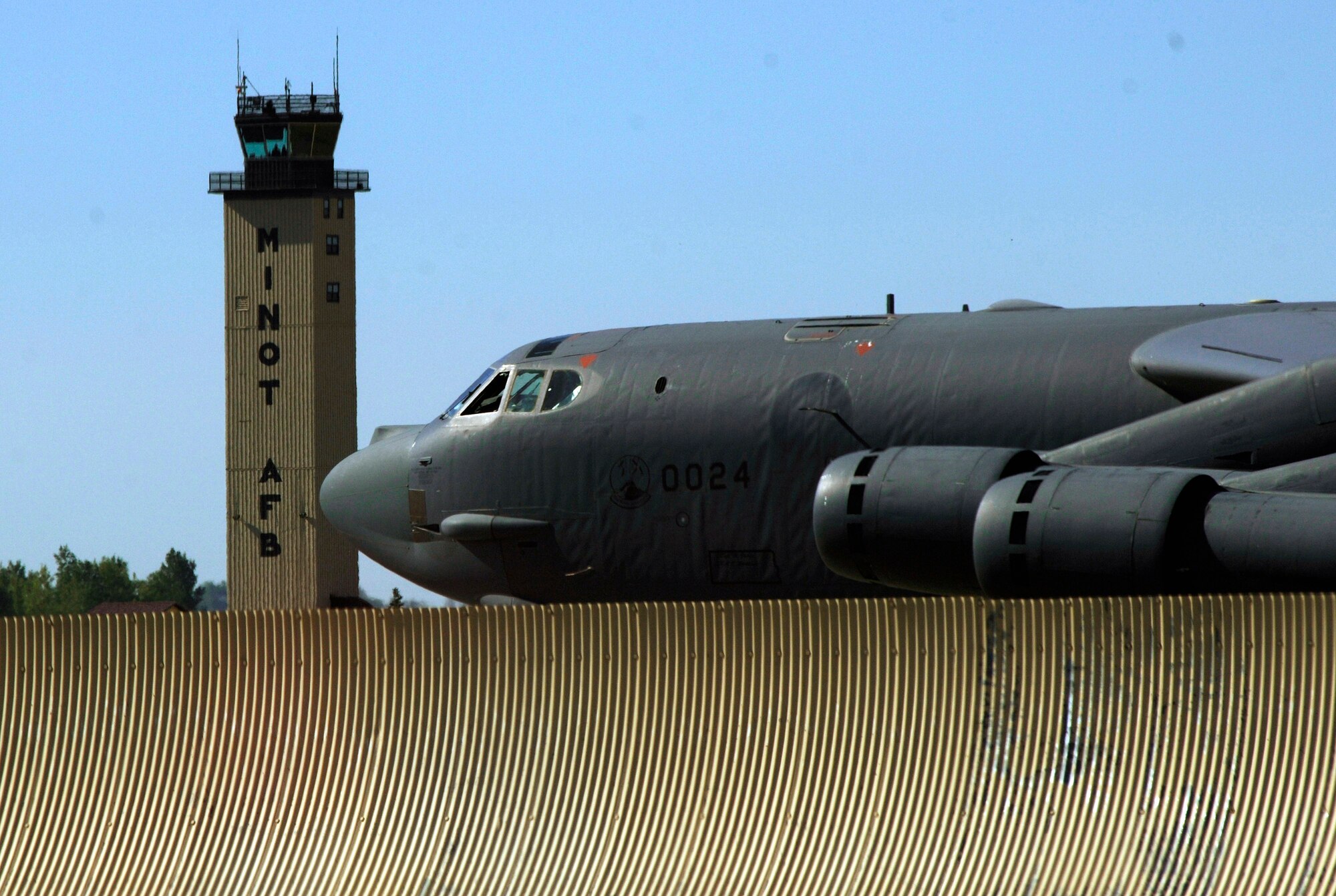 A B-52 Stratofortress taxis to the runway at Minot Air Force Base, N.D., Aug. 21. The bomber from the 5th Bomb Wing conducted a training mission in the skies over North Dakota. (U.S. Air Force photo/Master Sgt. Lance Cheung) 
