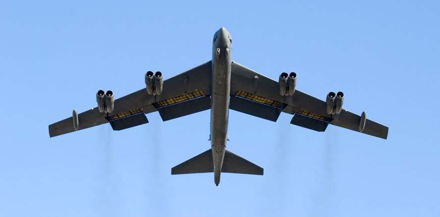A B-52 Stratofortress takes off from Minot Air Force Base, N.D., Aug. 21. The bomber from the 5th Bomb Wing conducted a training mission in the skies over North Dakota. (U.S. Air Force photo/Master Sgt. Lance Cheung) 