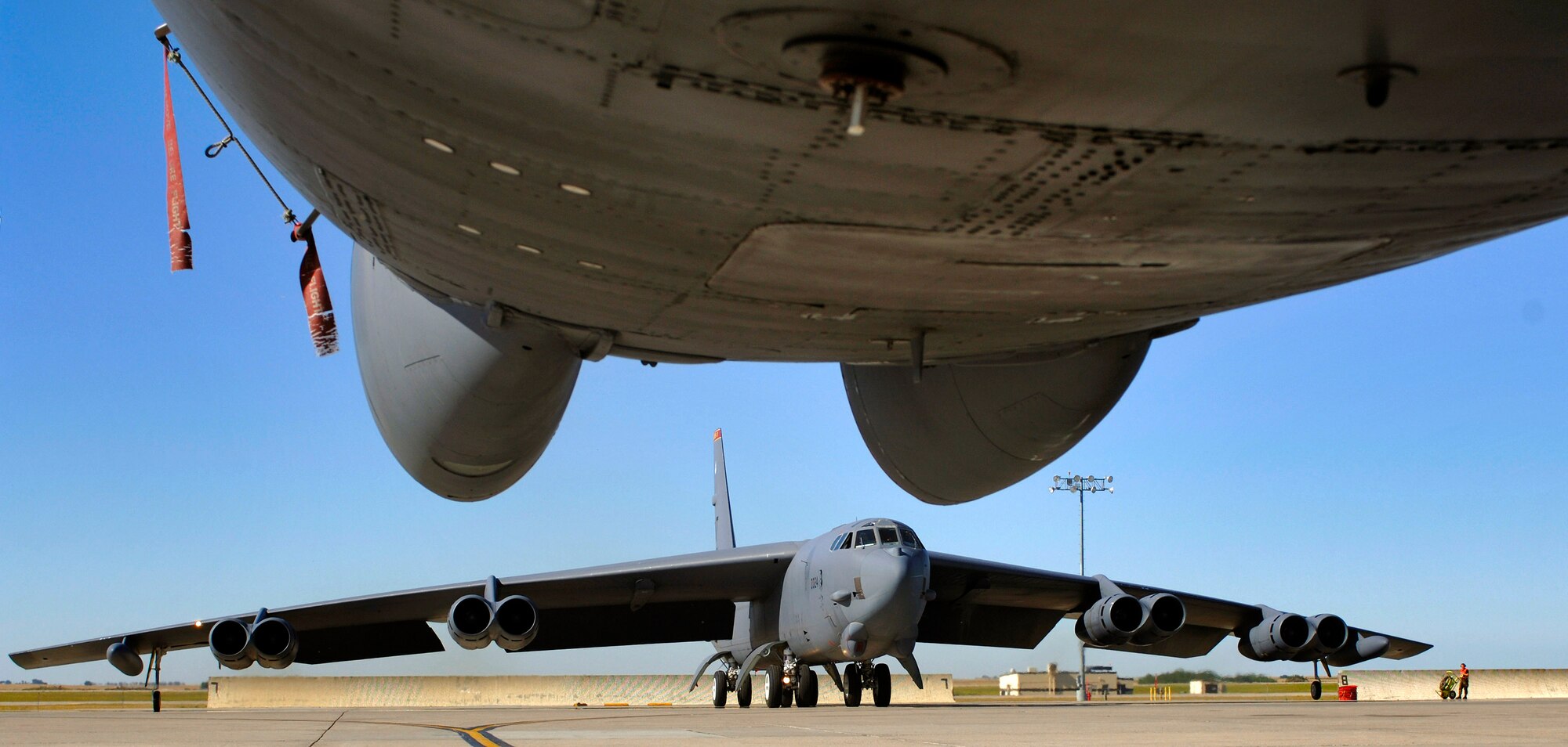 A B-52 Stratofortress taxis to the runway at Minot Air Force Base, N.D., Aug. 21. The bomber from the 5th Bomb Wing conducted a training mission in the skies over North Dakota. (U.S. Air Force photo/Master Sgt. Lance Cheung)