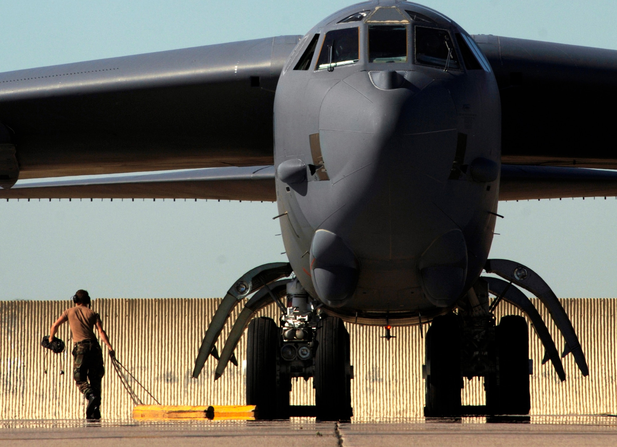 A B-52 Stratofortress is readied for take-off from Minot Air Force Base, N.D., Aug. 21. The bomber is with the 5th Bomb Wing. (U.S. Air Force photo/Master Sgt. Lance Cheung)