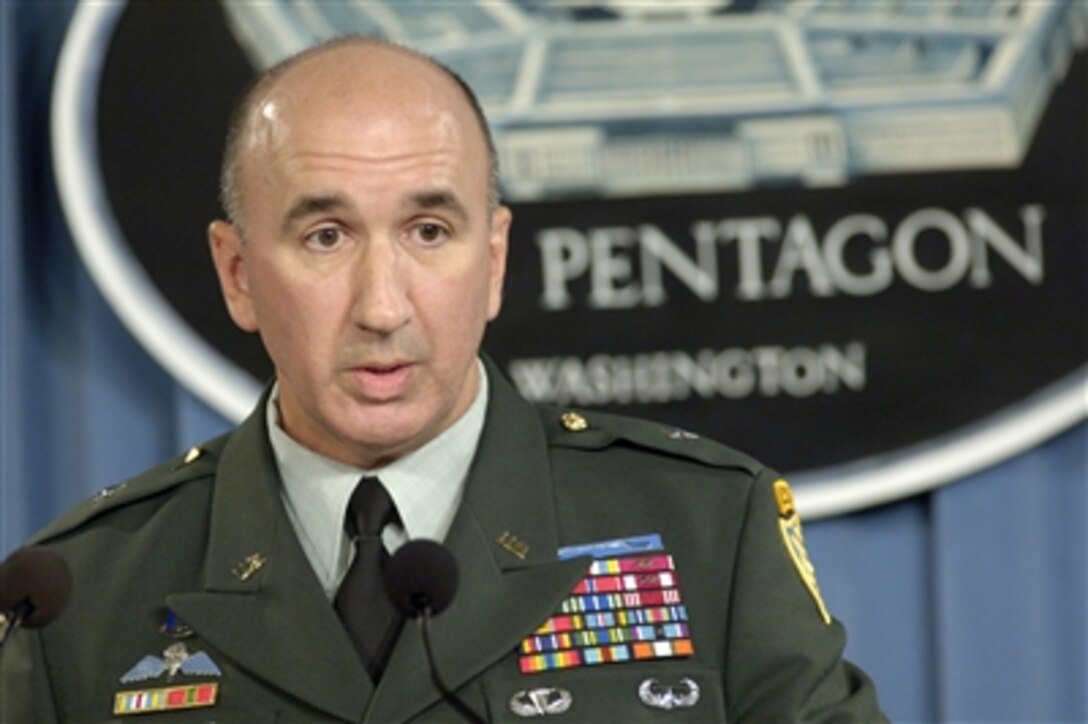Deputy Director for Regional Operations for the Joint Staff Brig. Gen. Michael Barbero, U.S. Army, briefs reporters in the Pentagon on recent operations in Iraq and Afghanistan on Aug. 23, 2006.  