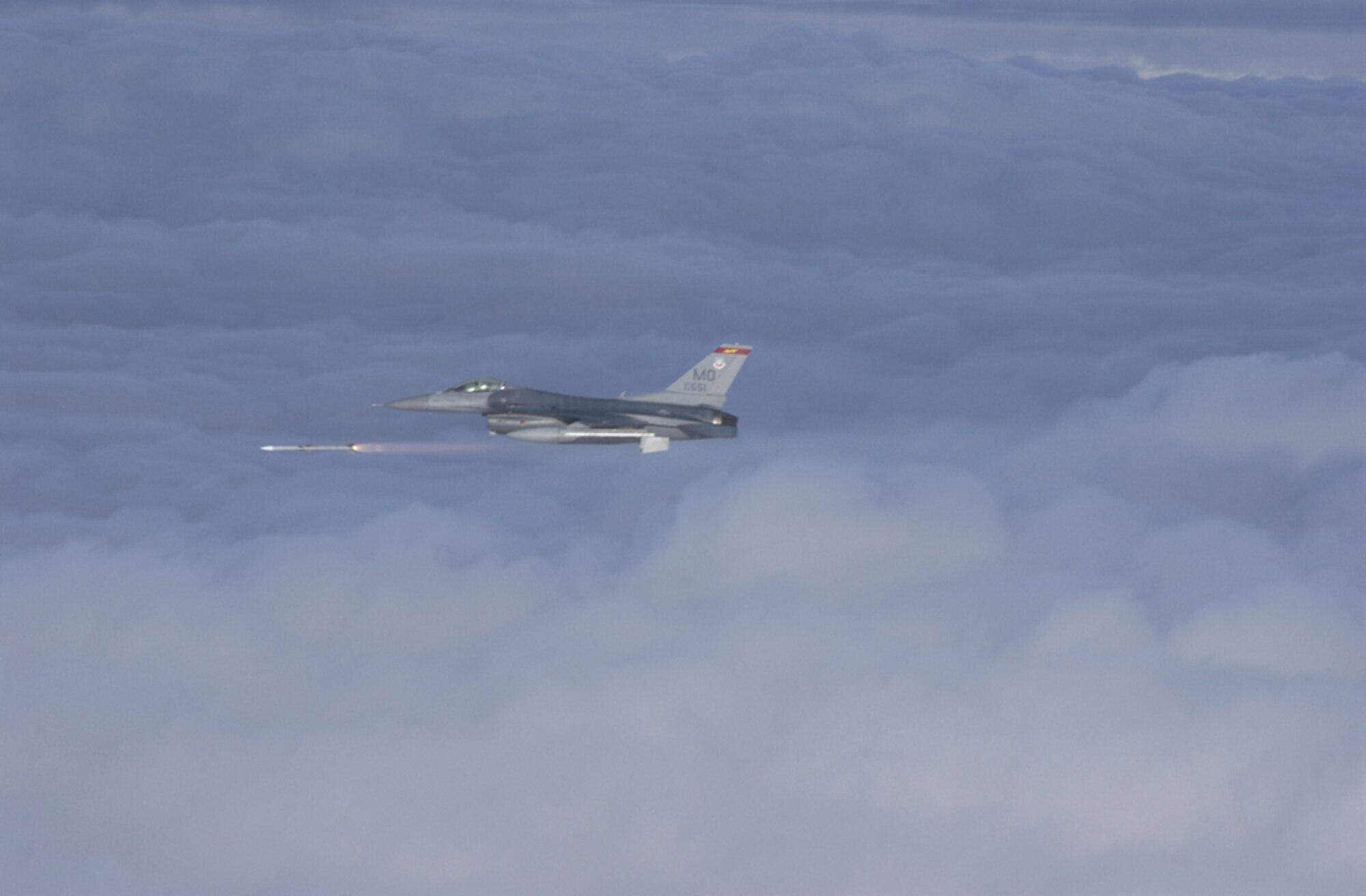 Capt. Dan Daehler, 389th FS, shoots an AIM-120 Advanced Medium Range Air to Air Missile at a QF-4 drone. AMRAAM is designed to improve pilot survivability by allowing multiple attacks on the enemy. (Photo by Photos by Tech. Sgt. Michael Ammons)

