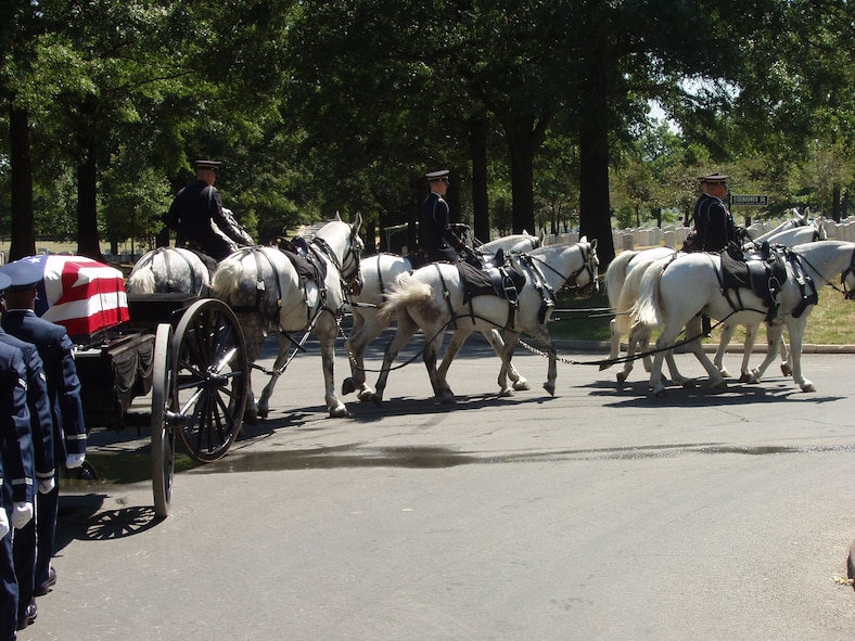 A funeral procession for Col. Dennis Fanning, father of Lt. Col. Jon Fanning, 39th Flying Training Squadron, passes through the Air Force memorial in Arlington National Cemetery, Va. During the funeral, three T-38Cs from the 39th FTS flew a missing-man formation to honor their fallen comrade. (Courtesy photo)
