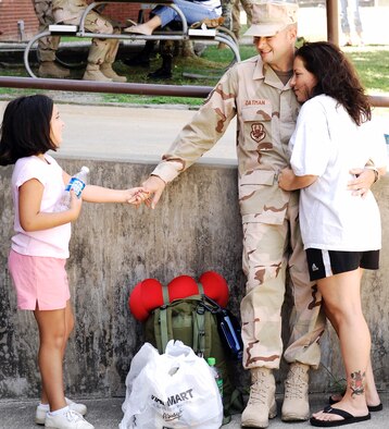 Tech. Sgt. Chris Oatman says goodbye to wife Tech. Sgt. Michelle Oatman and daughter. Sergeant Oatman and other 43rd Security Forces Squadron Airmen deployed to Southwest Asia for a six-month tour.