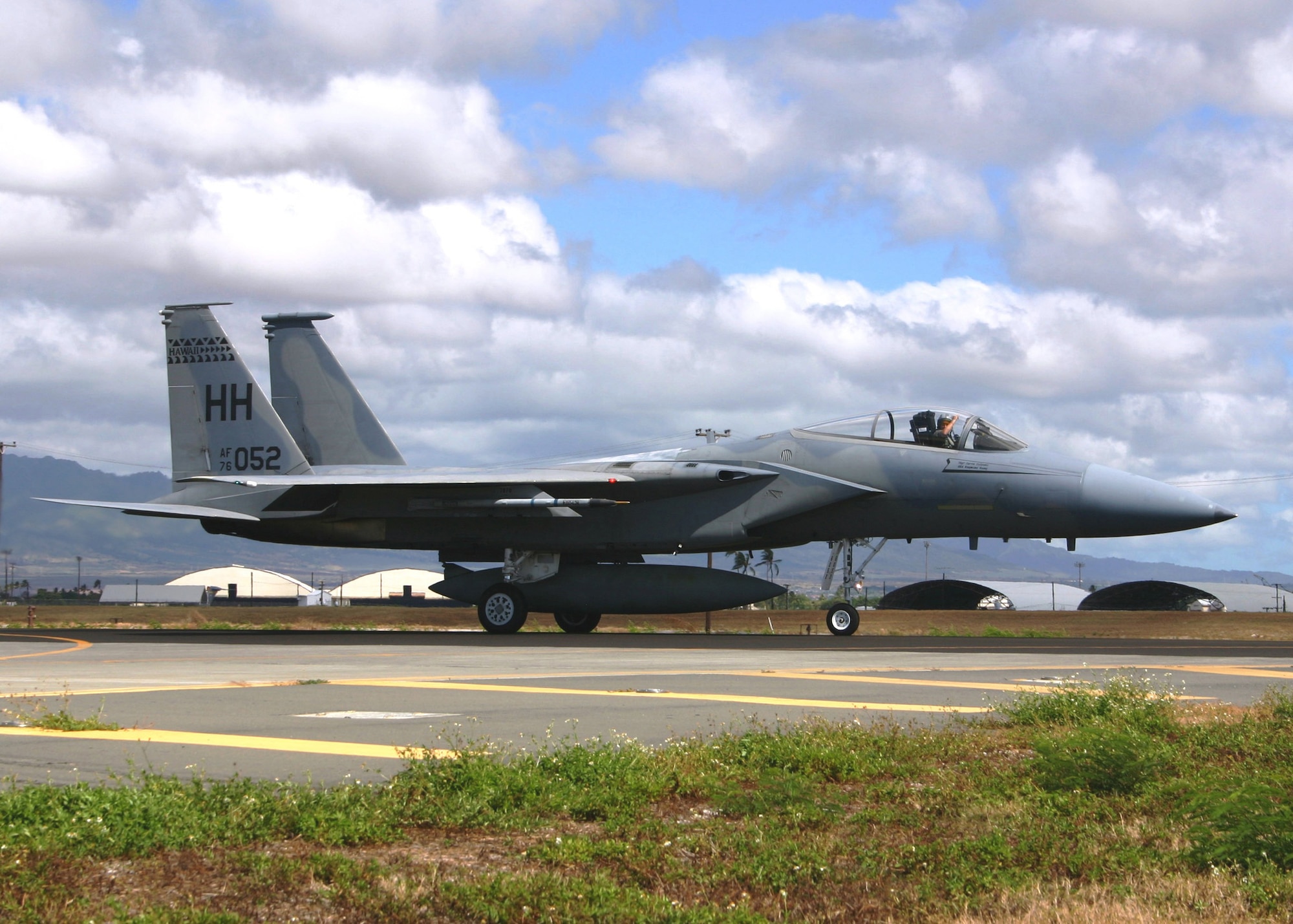 A Hawaii Air National Guard F-15 from the 199th Fighter Squadron taxis for takeoff Aug. 17 at Hickam Air Force Base, Hawaii. The 154th Wing of the Hawaii ANG is hosting Dissimilar Aircraft Combat Tactics training with F-16s from the 93rd Fighter Squadron of Homestead Air Reserve Base, Fla. in exercise Cactus Aloha. (US Air Force photo by Master Sgt. Ray Sarracino)