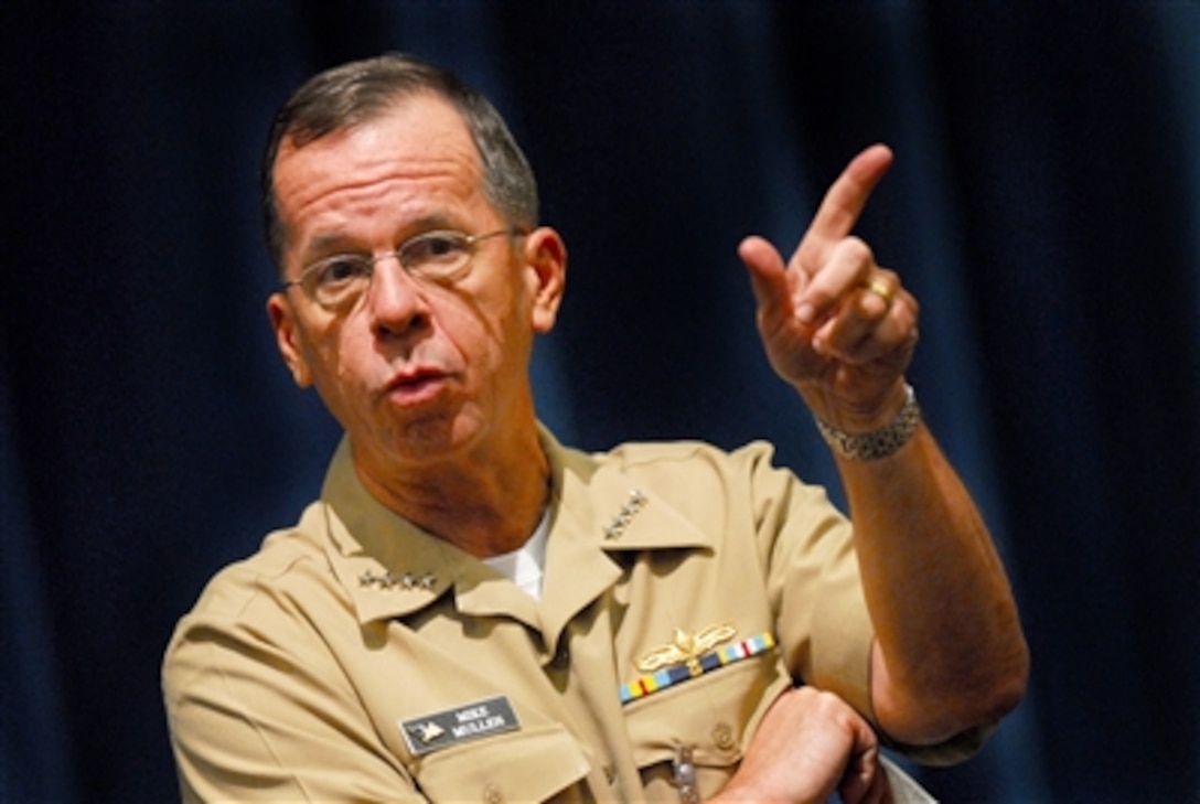 Navy Chief of Naval Operations Adm. Mike Mullen answers questions during an all-hands call in the Pentagon auditorium on Aug. 23, 2006.  Mullen took questions from senior Navy leaders and discussed the current state and future of the Navy in the continuing war on terror.  