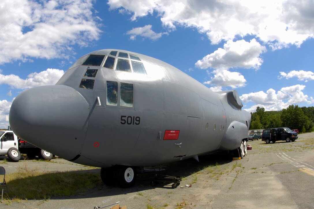 The aerial port training aide sits at Hanscom following extensive repairs performed by members of the 913th Airlift Wing. (Air Force photo by Jan Abate)
