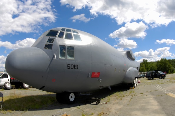 The aerial port training aide sits at Hanscom following extensive repairs performed by members of the 913th Airlift Wing. (Air Force photo by Jan Abate)
