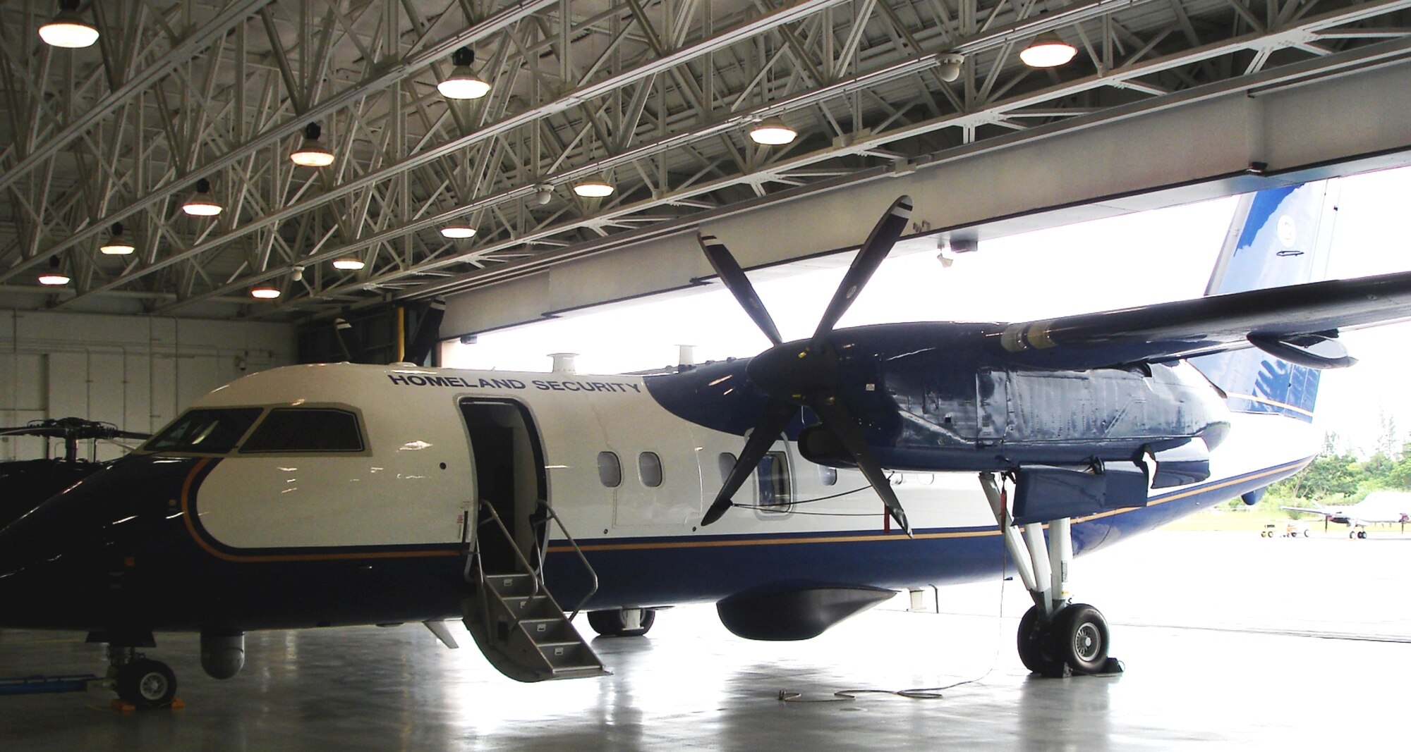 Customs and Border Protection’s Miami Air and Marine Branch recently received a new DASH-8 200Q Maritime Patrol aircraft at Homestead Air Reserve Base, Fla.  The DASH-8 200Q is a twin-turboprop aircraft specially designed for quiet operations during surveillance missions (Air Force photo by Jake Shaw).
