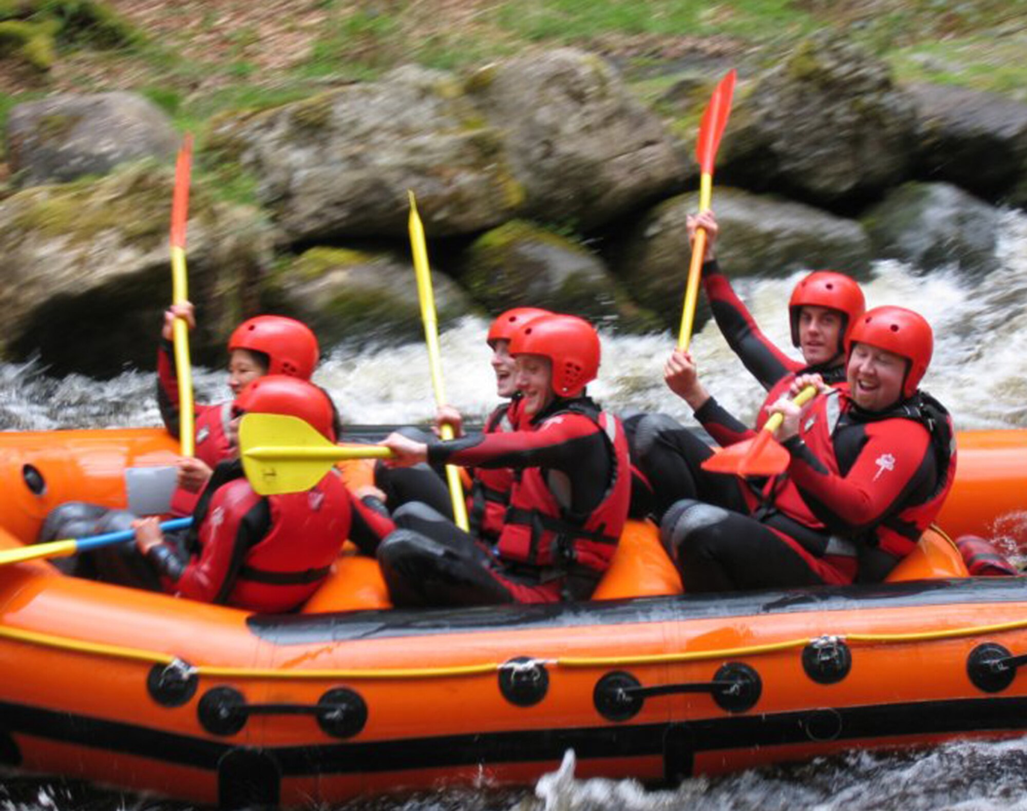 Airmen from the Single Airmen’s Ministry prepare to get even wetter as they enjoy a white-water rafting trip in Wales. People from RAF Alconbury were also on the SAM trip. The SAM and its activities are open to all single Airmen in England. (U.S. Air Force courtesy photo)