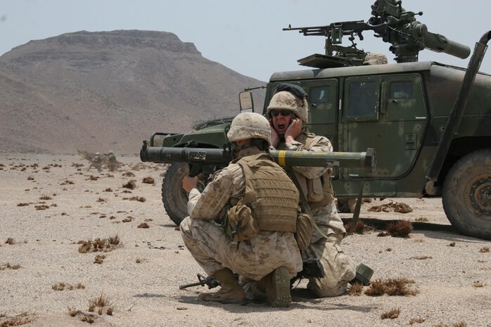 Marines from Alpha Company Battalion Landing Team 1st Battalion 8th Marines, 24th Marine Expeditionary Unit, fire a Shoulder Mounted Anti-Armor Weapon (SMAW) during a company assault exercise in Djibouti, Africa on August 27, 2006. The 24th MEU has been conducting live fire training in Africa before they enter Pakistan in the near future. (U.S. Marine Corps Photo by Lance Corporal Joshua Lujan) ::n::  ::n::