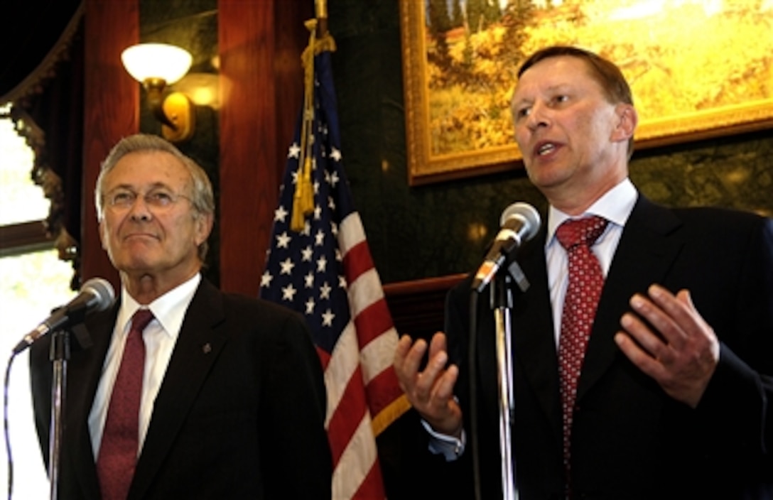 Russian Minister of Defense Sergei Ivanov answers a question during a joint press conference with Secretary of Defense Donald H. Rumsfeld in Fairbanks, Alaska, on Aug. 27, 2006.  Rumsfeld, Ivanov and their senior advisors met earlier to discuss regional security issues.  Rumsfeld and Ivanov will later take part in a dedication ceremony of a memorial to U.S.-Soviet military cooperation during World War II.  