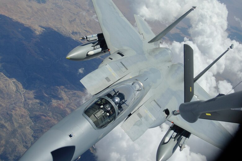 NELLIS AFB, Nev. -- An F-15 Eagle from Kadena Air Base, Japan, prepares to take on fuel from a KC-135 aerial tanker during exercise Red Flag at Nellis AFB, Nev., Aug. 24. Red Flag puts more than 80 combat and support aircraft in the air twice daily to sharpen U.S. and allied warfighting skills. The Red Flag exercise ends Sept. 2. (U.S. Air Force photo/Senior Airman Travis Edwards)