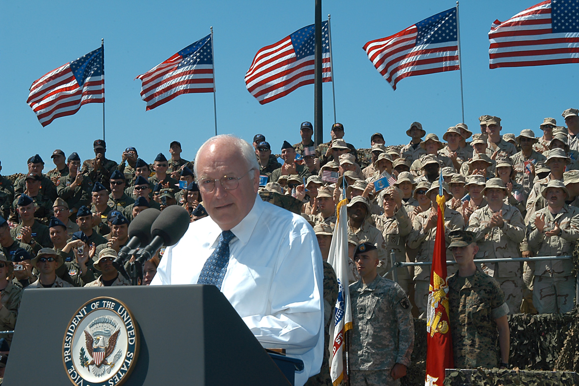 Vice President Dick Cheney deliveres a message of thanks and support  to servicemembers at Offutt Air Force Base, Neb., Aug. 29 during a troop call.  Offutt is home to the U.S. Strategic Command headquarters and the 55th Wing. (U.S. Air Force photo/Steve Cunningham)
