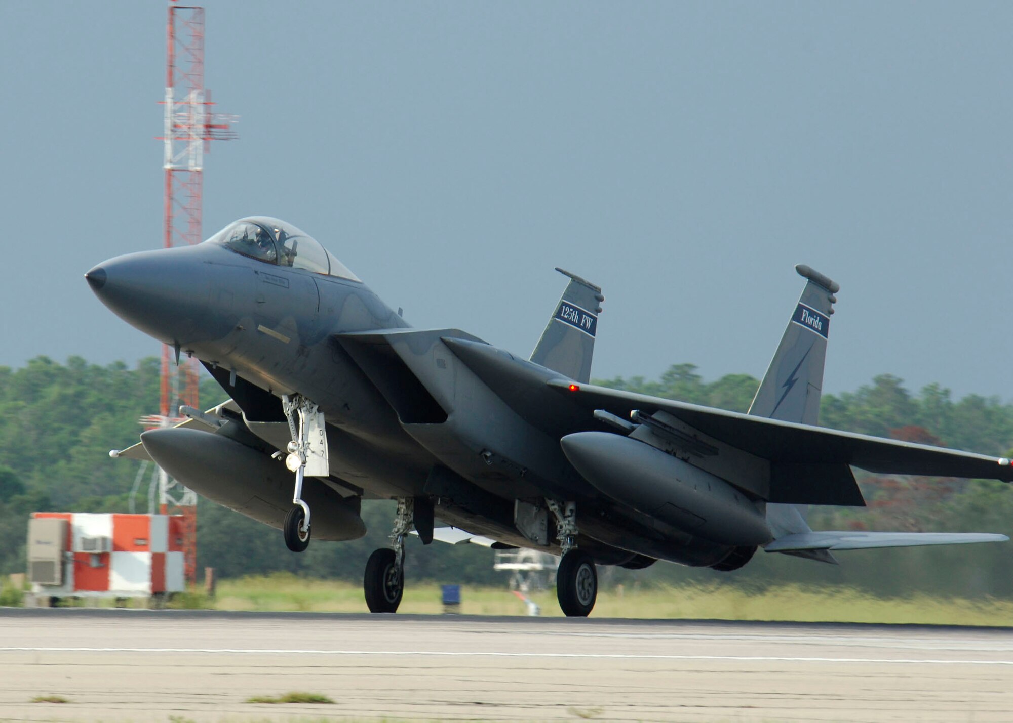One of seven F-15 Eagles from the Florida Air National Guard's 125th Fighter Wing arrives at Eglin Air Force Base, Fla., Aug. 29. The aircraft were evacuated from Jacksonville International Airport because of Tropical Storm Ernesto. (U.S. Air Force photo/Joe Piccorossi) 
