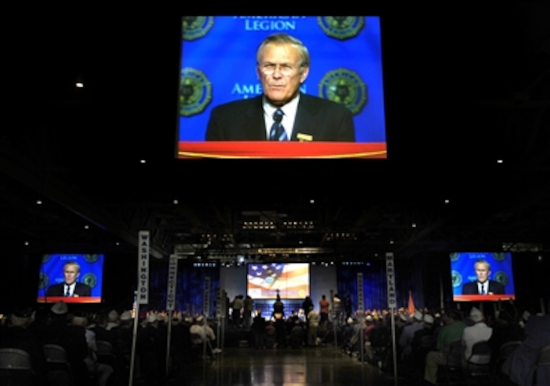 U.S. Defense Secretary Donald H. Rumsfeld addresses the audience during the 88th American Legion National Convention in Salt Lake City, Utah, Aug. 29, 2006.  Speaking to the veterans at the convention, he applauded them for their help in dispelling the negative perceptions and standing up for the truth about the military. 