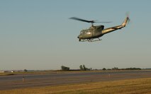MINOT AIR FORCE BASE, N.D. -- A UH-1N Huey from the 54th Helicopter Squadron takes off here Sept. 2, 2005. The crew departed for Columbus Air Force Base, Miss., to assist in Hurricane Katrina disaster relief efforts. (U.S. Air Force photo by Staff Sgt. Joe Laws)
