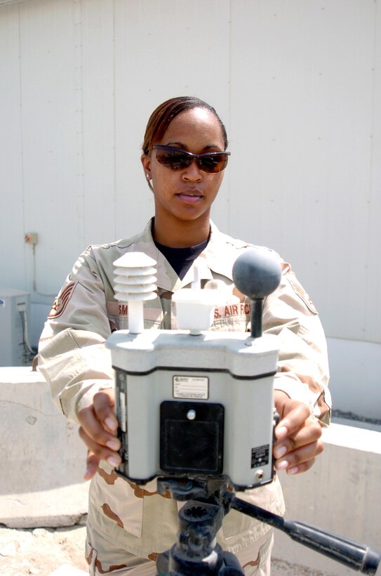 Staff Sgt. Jamica Smith checks the wet bulb globe temperature with a heat stress monitor. The information from the monitor is used to determine the amount of safe physical activity and required water intake in the desert environment. Sergeant Smith is a weather forecaster from the 380th Expeditionary Operations Support Squadron in Southwest Asia. (U.S. Air Force photo/Master Sgt. Stan Coleman)