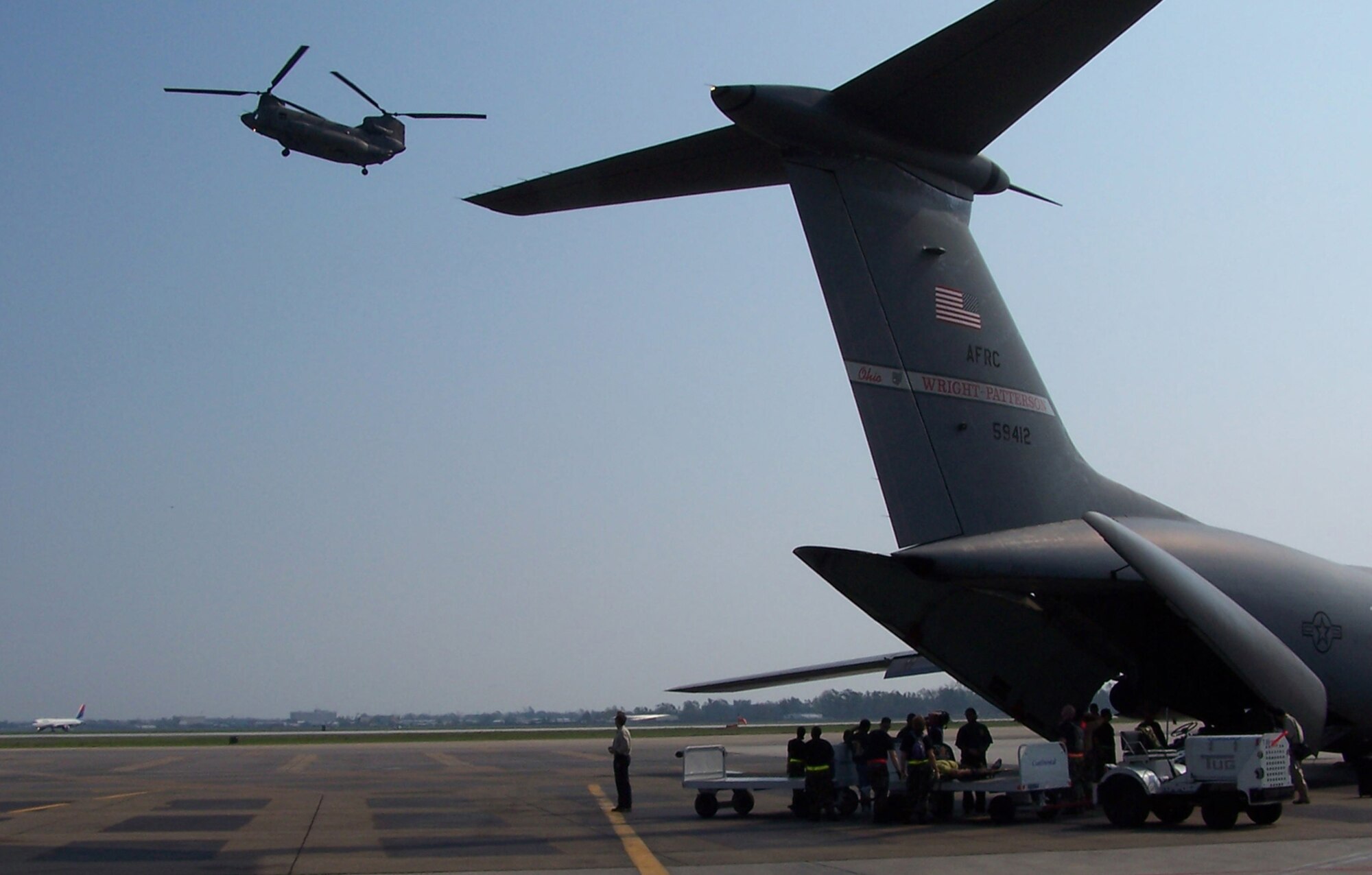 Almost one year ago, 54 litter and 50 ambulatory patients were evacuated on a C-141 from the 445th Airlift Wing, Wright-Patterson AFB, Ohio to Nashville, Tenn. (U.S. Air Force photo by Maj. Ted Theopolos).