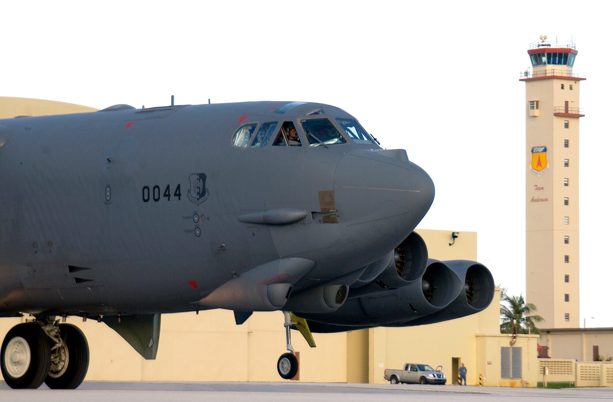 A 23rd Expeditionary Bomb Squadron B-52 Stratofortress taxis on the airfield at Andersen Air Force Base, Guam, Aug. 30. The B-52, from the 5th Bomb Wing at Minot AFB, N.D., is one of six scheduled to be deployed to Andersen for four months. The aircraft, aircrews, support staff and maintainers will continue the mission of promoting regional security and preserving regional stability, while providing a continuous bomber presence. (U.S. Air Force photo/Airman 1st Class Miranda Moorer)