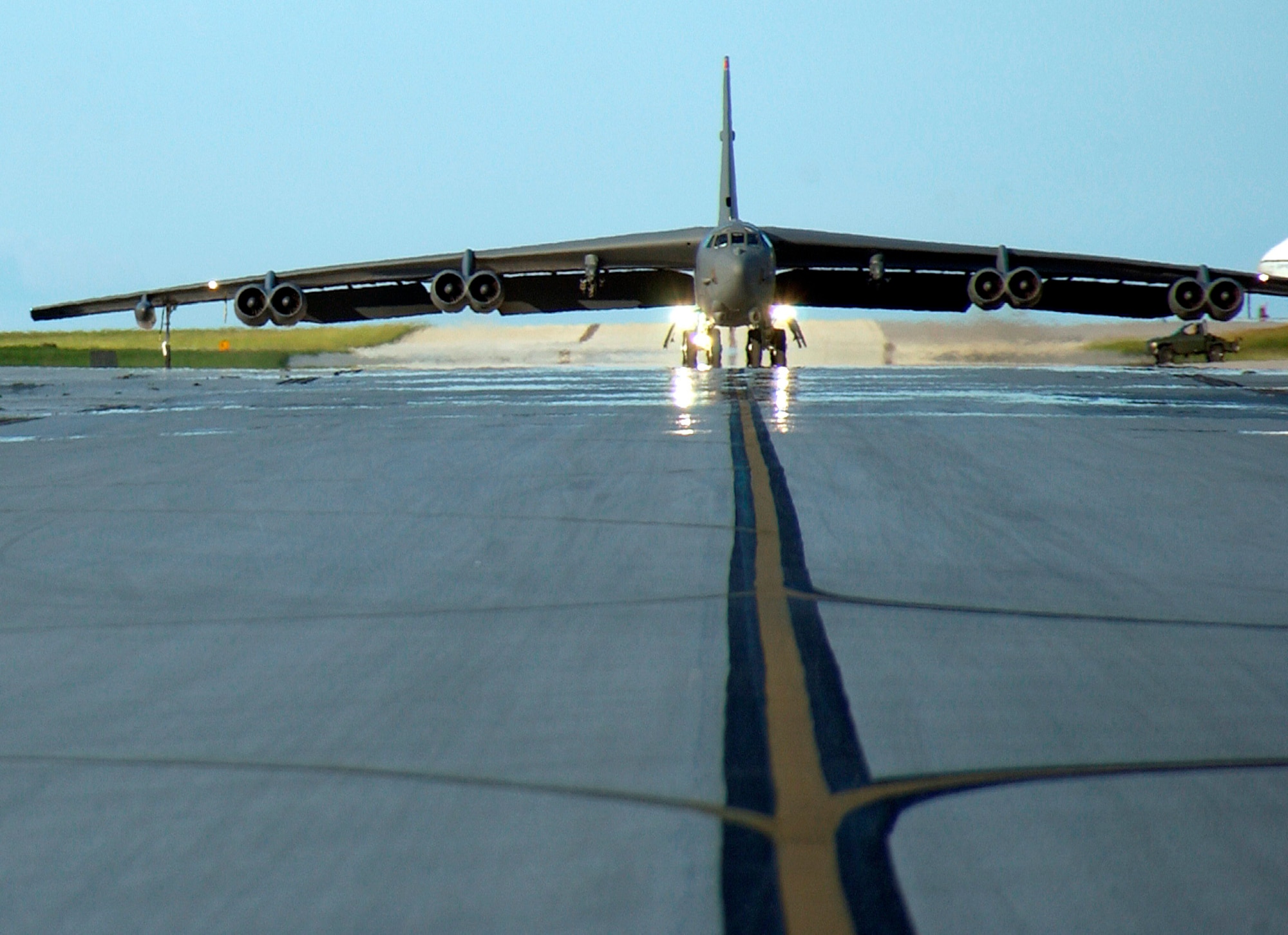 A 23rd Expeditionary Bomb Squadron B-52 Stratofortress taxis on the airfield at Andersen Air Force Base, Guam, Aug. 30. The aircraft, from the 5th Bomb Wing at Minot AFB, N.D., is one of six scheduled to deploy to Andersen for four months. (U.S. Air Force photo/Airman 1st Class Miranda Moorer) 

