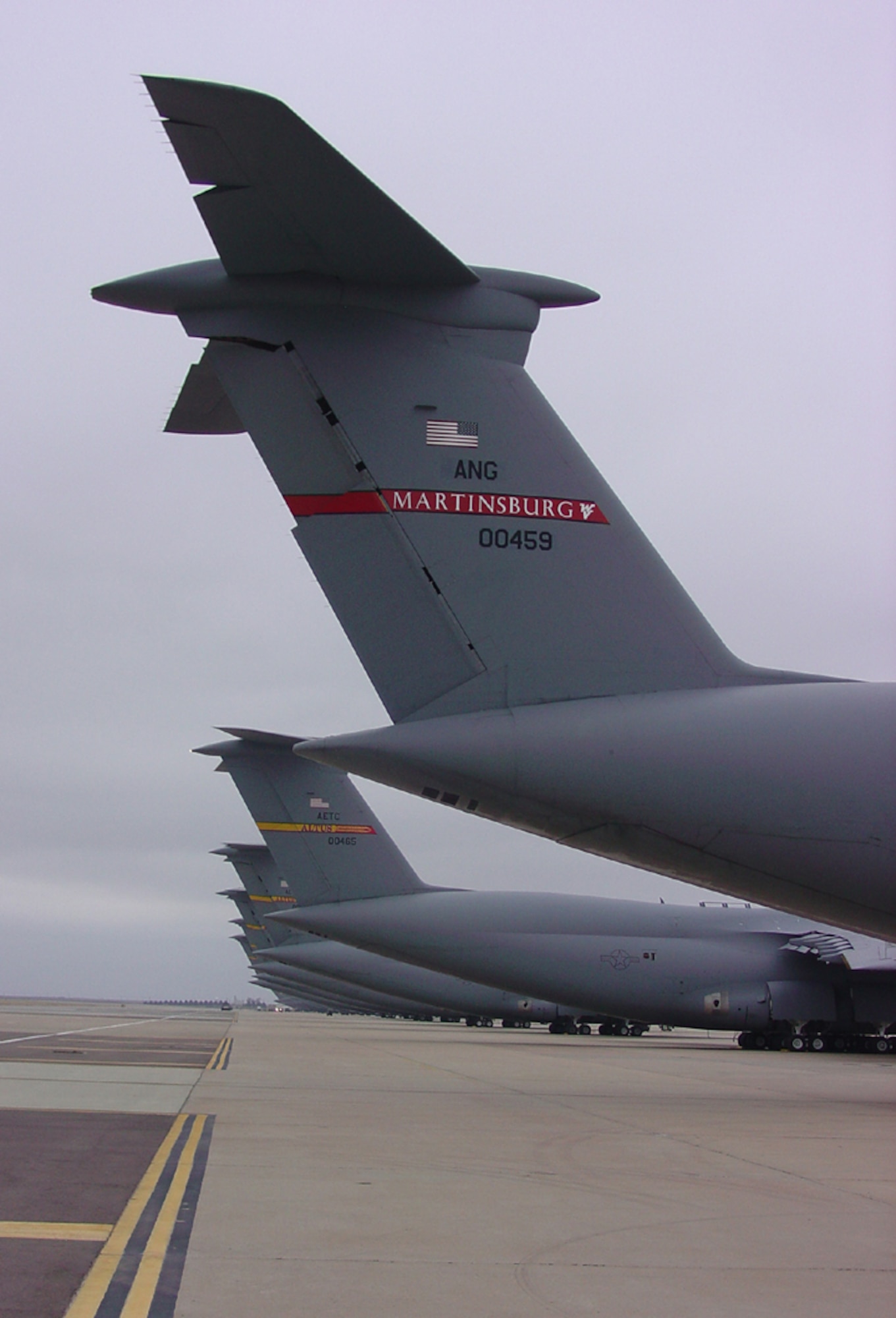 Tail number 00459, the first C-5 of eight scheduled to depart Altus over the next seven months, displays the 167th Airlift Wing tail flash.  The C-5 will depart Saturday for  Martinsburg, W. Va. (U.S. Air Force photo/ Master Sgt. Richard Guinan)