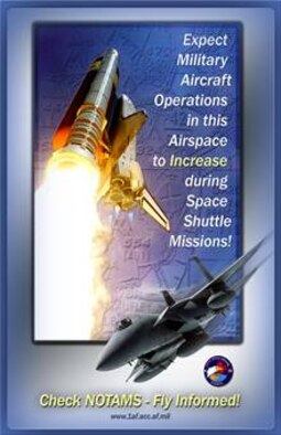 Local civic leaders, airport managers and elected officials in the greater Orlando and Cape Canaveral areas received a visual reminder (above) that the Continental U.S. NORAD Region is supporting STS-116 Space Shuttle launch operations beginning Dec. 1.  In addition to increased air defense deterrence missions CONR fighters will be making low approaches at Orlando Executive, Orlando Sanford International, Daytona Beach International, and Melbourne International Airports, on December 5.   The missions are carefully planned and closely controlled to ensure public safety, and are not in response to any specific threat. (U.S. Air Force illustration/Mike Strickler)